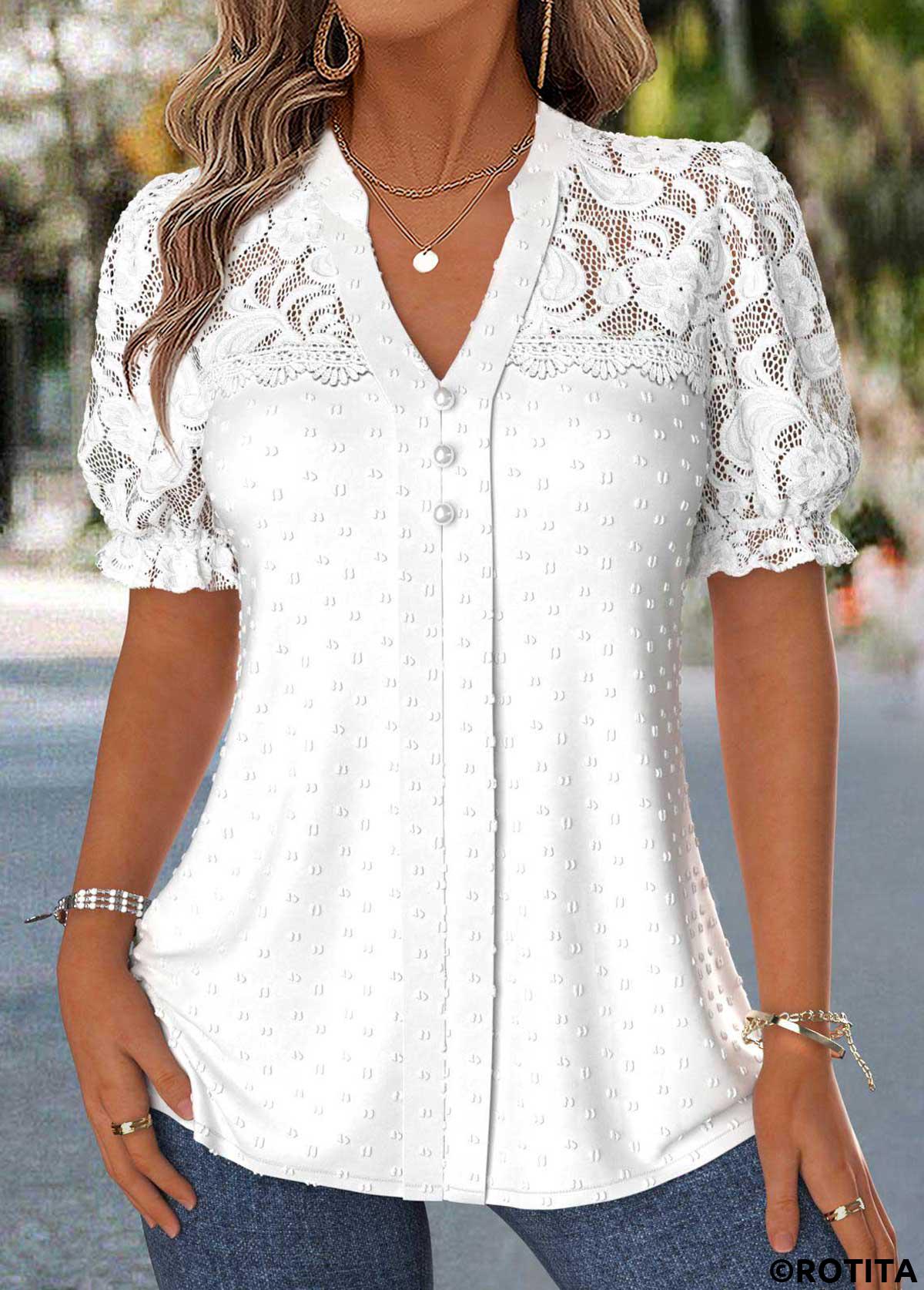 Raw white tops,Plain Color tops,ROTITA Patchwork Raw White Split Neck Short Sleeve Blouse