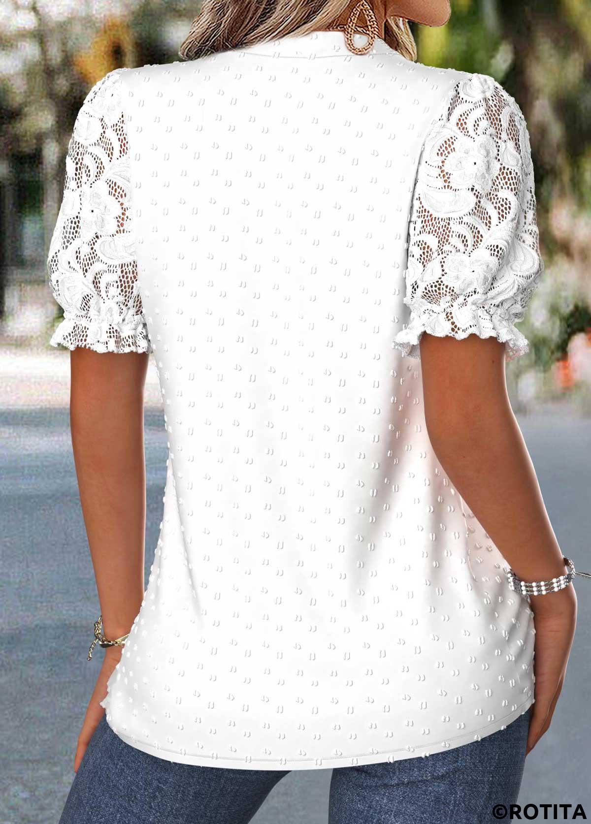 Raw white tops,Plain Color tops,ROTITA Patchwork Raw White Split Neck Short Sleeve Blouse