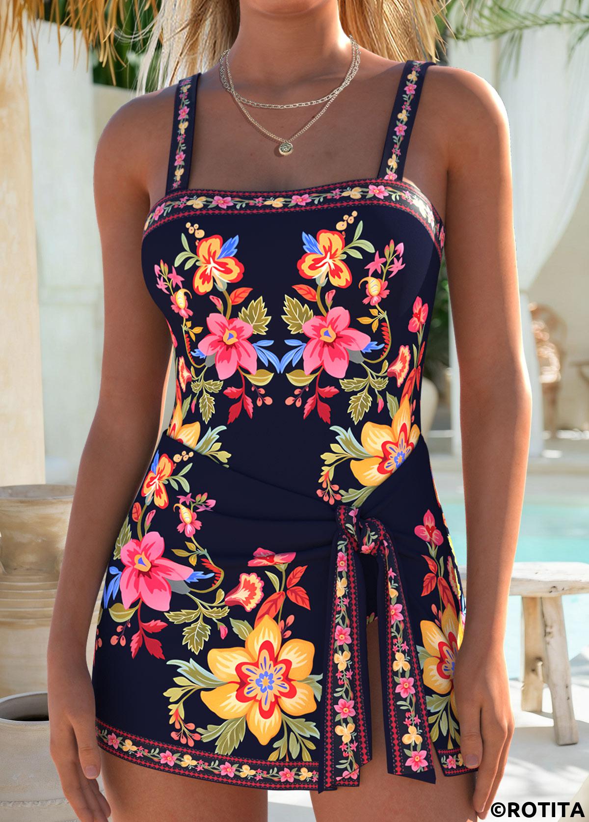 Navy swimwear,Floral swimwear,Plants swimwear,ROTITA Navy Layered Floral Print One Piece Swimdress