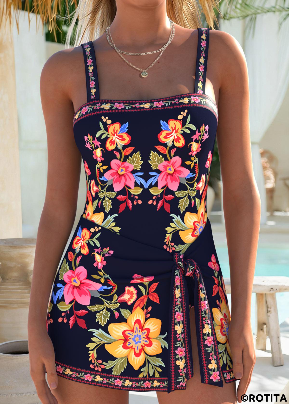 Navy swimwear,Floral swimwear,Plants swimwear,ROTITA Navy Layered Floral Print One Piece Swimdress