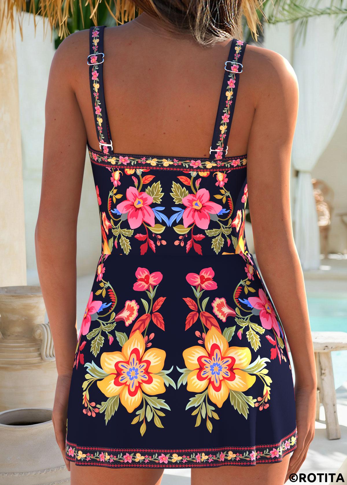 Navy swimwear,Floral swimwear,Plants swimwear,ROTITA Navy Layered Floral Print One Piece Swimdress