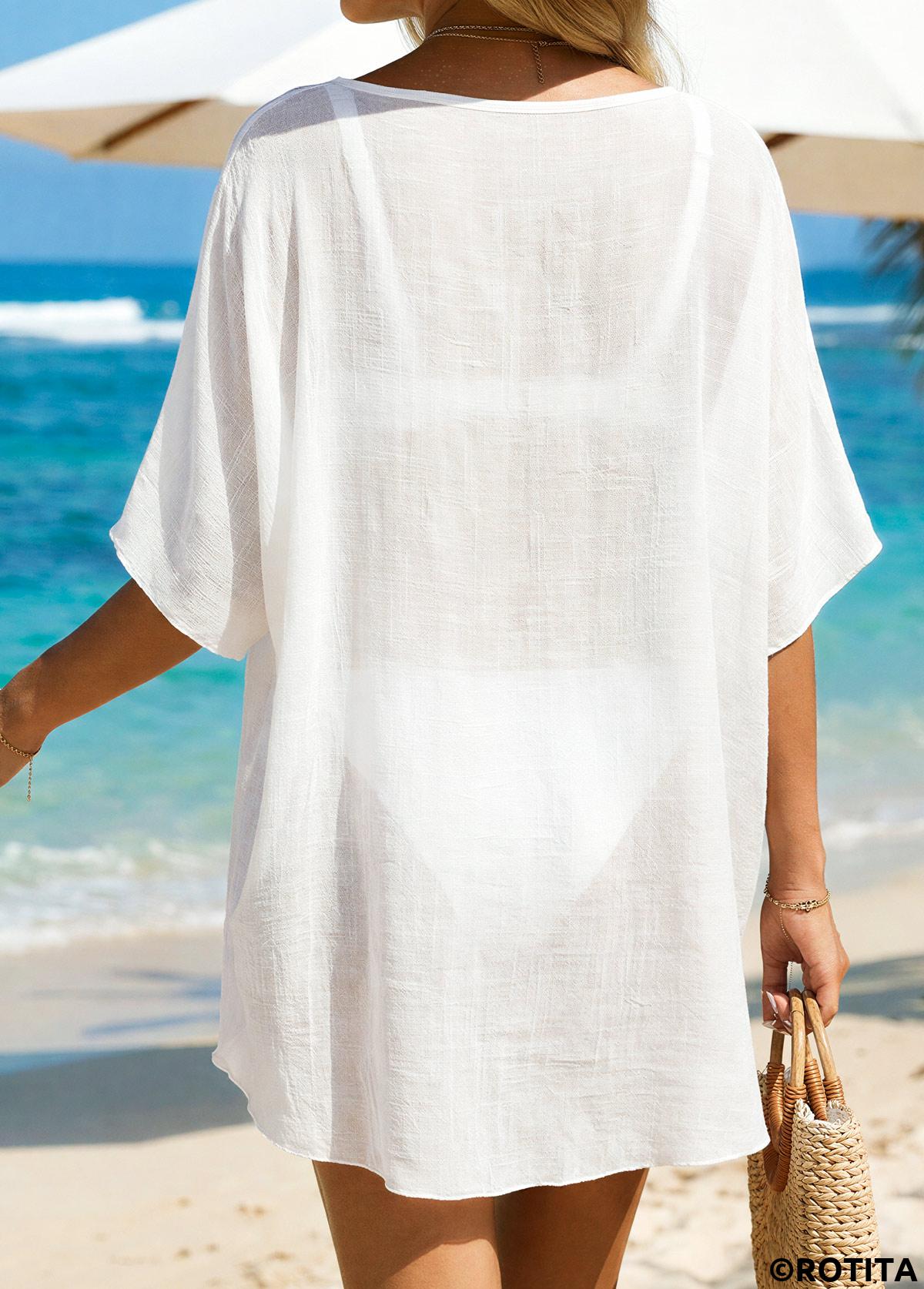 White swimwear,Plain Color swimwear,Ditsy Floral swimwear,Cut Out White V Neck Cover Up