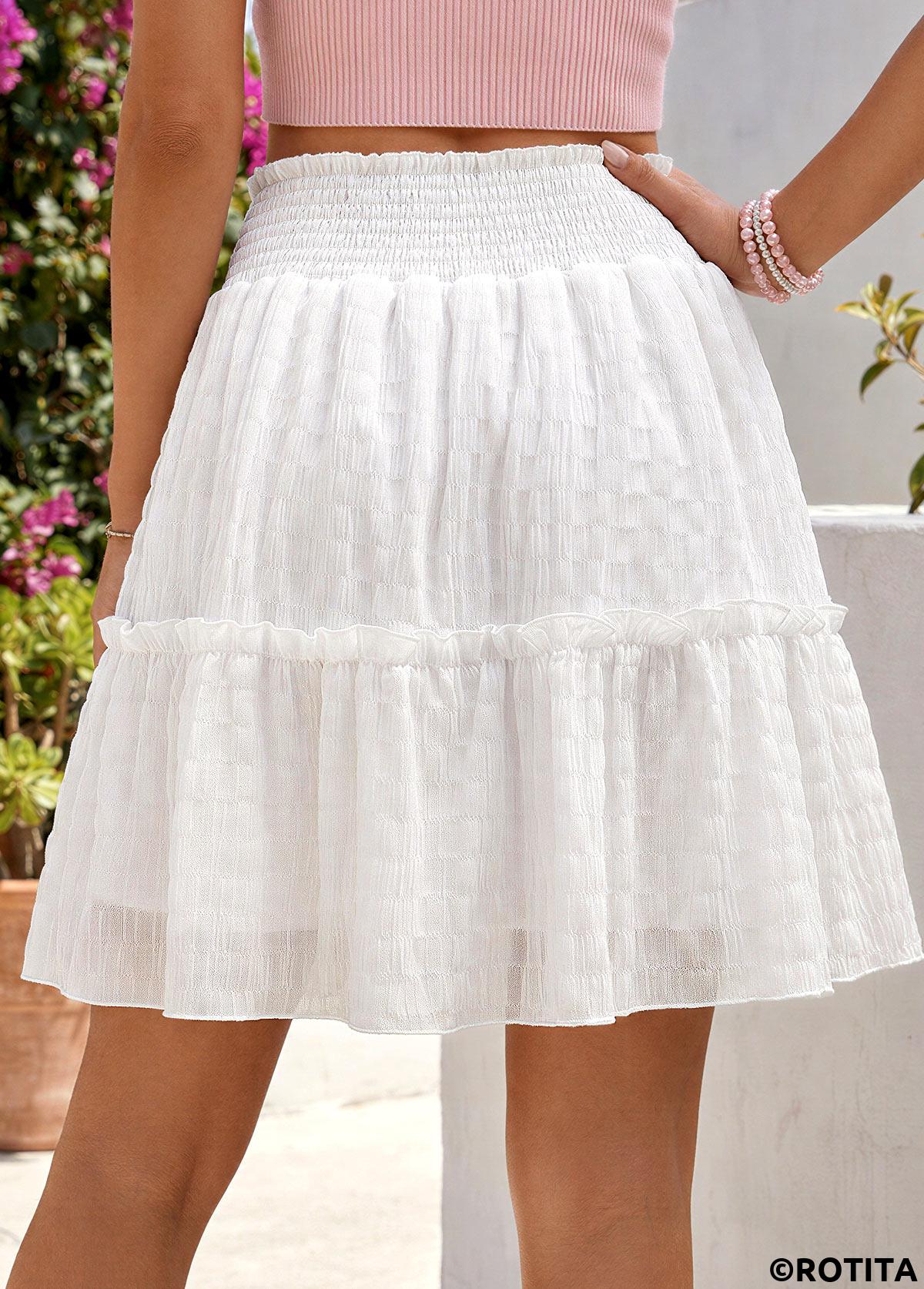 White bottoms,Plain Color bottoms,White Short Elastic Waist A Line Skirt