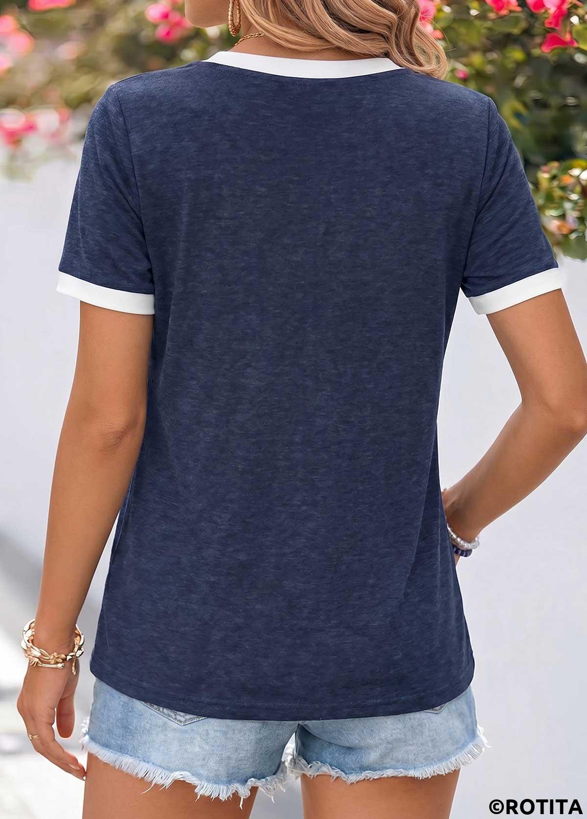 Navy tops,Contrast Color tops,ROTITA Patchwork Navy Round Neck Short Sleeve T Shirt