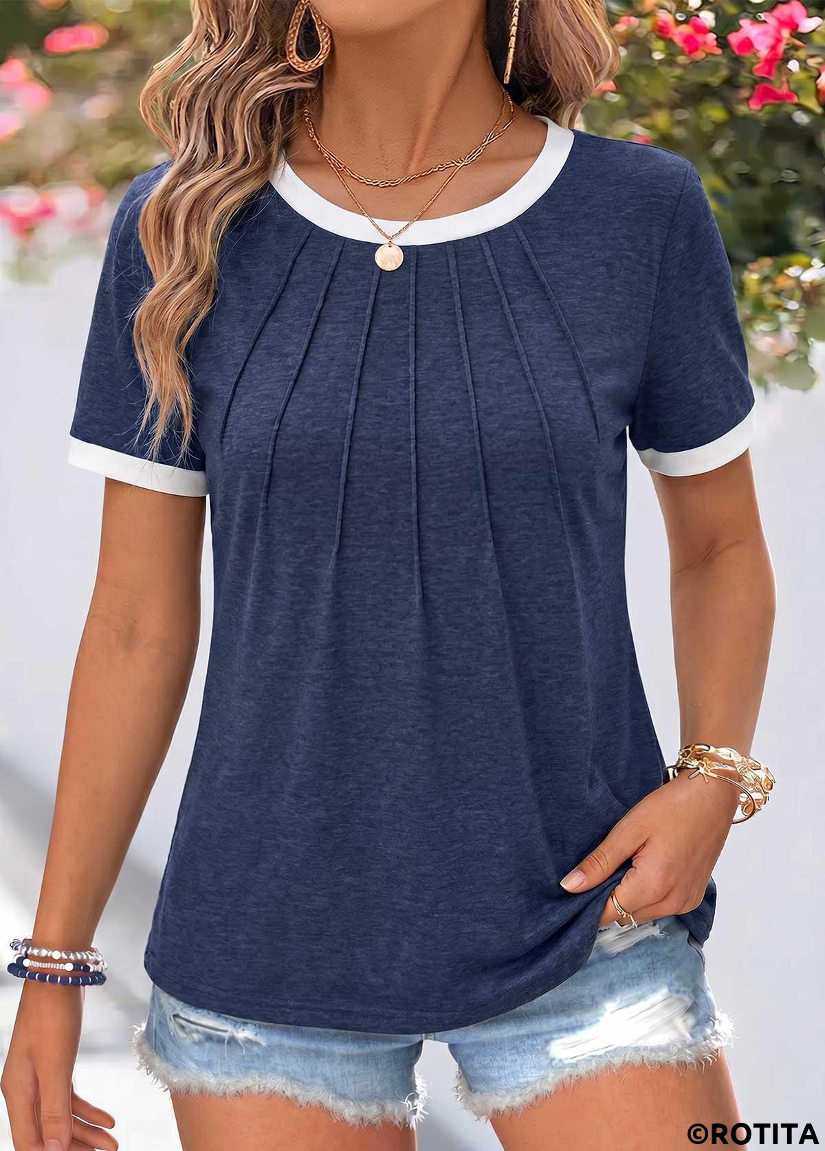 Navy tops,Contrast Color tops,ROTITA Patchwork Navy Round Neck Short Sleeve T Shirt