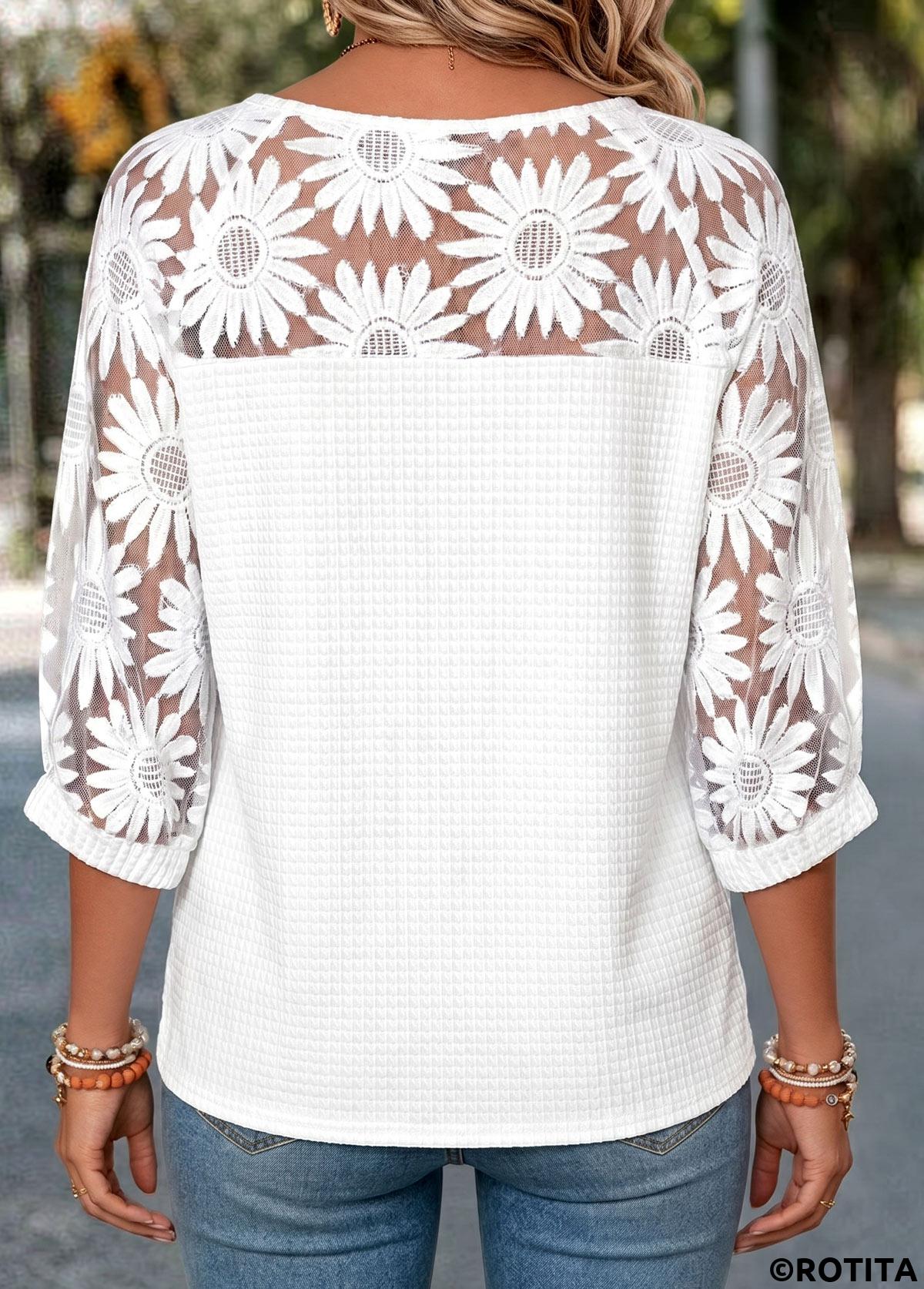 White tops,Plain Color tops,ROTITA Tummy Coverage White Round Neck 3/4 Sleeve Blouse