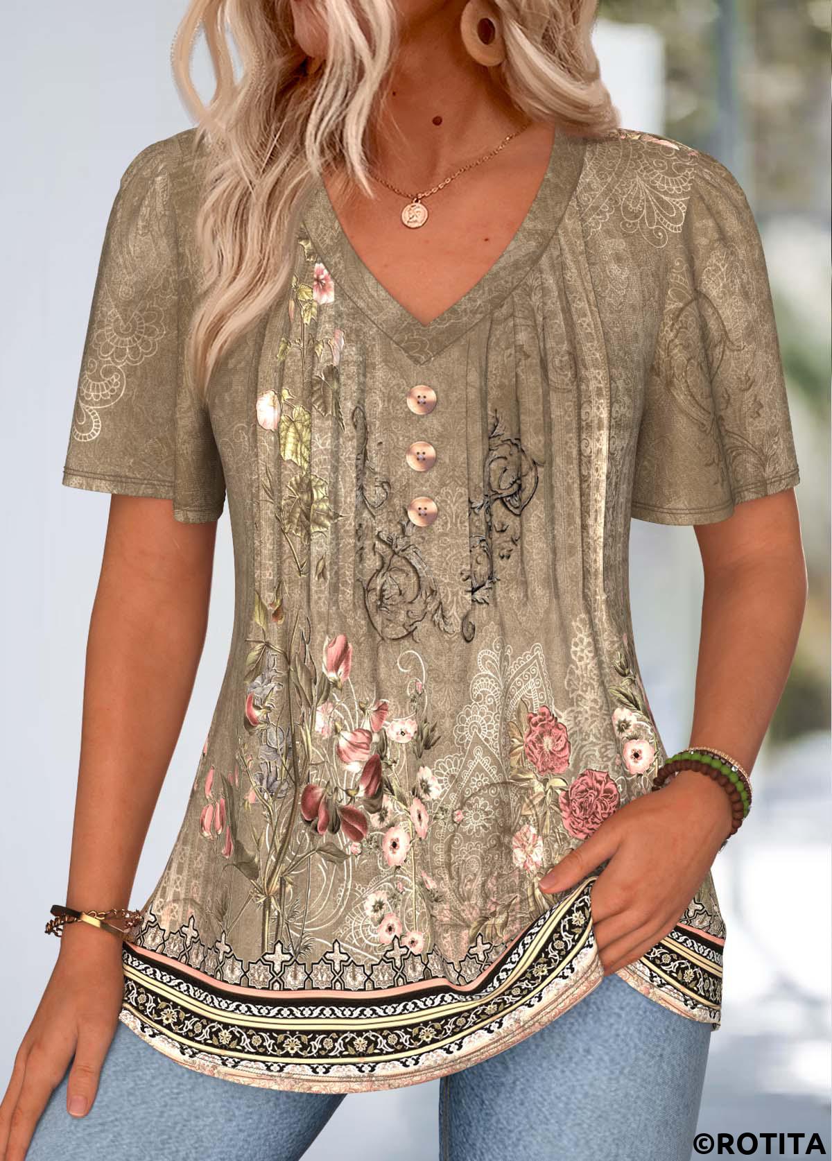 Dark Camel tops,Plants tops,Floral tops,ROTITA Curved Hem Random Floral Print Dark Camel T Shirt