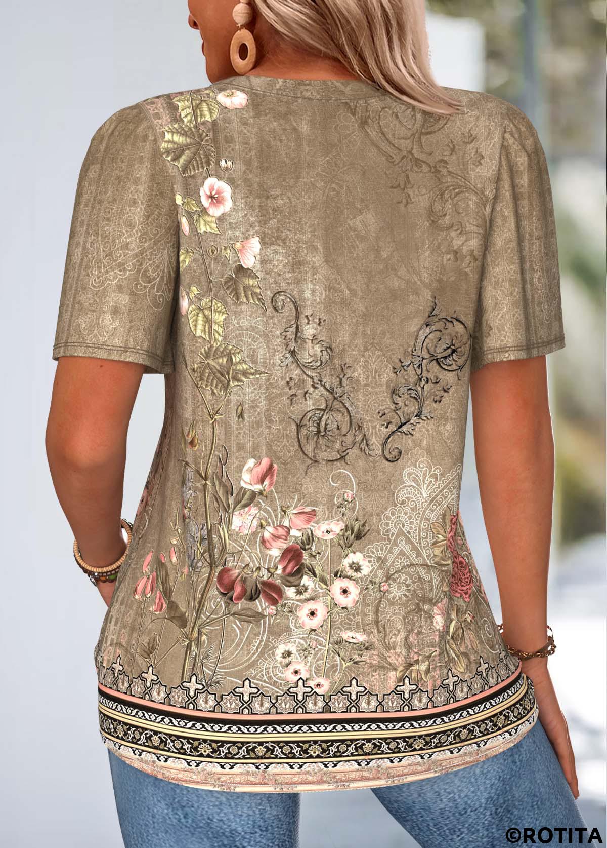 Dark Camel tops,Plants tops,Floral tops,ROTITA Curved Hem Random Floral Print Dark Camel T Shirt