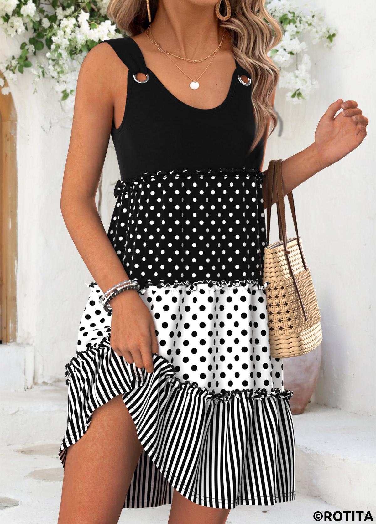 Black dresses,Geometric dresses,Vacation dresses,Vacation dresses,ROTITA Black Geometric Print Shirred Short Scoop Neck Sleeveless Dress