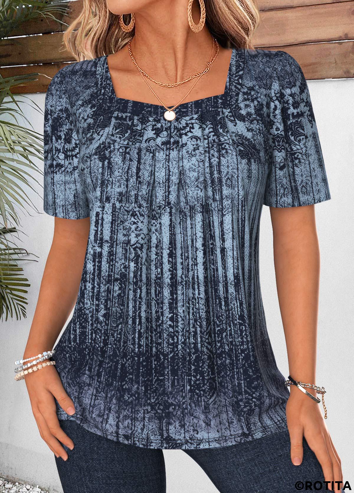 Green tops,Tribal tops,ROTITA Tribal Print Green Square Neck Short Sleeve T Shirt