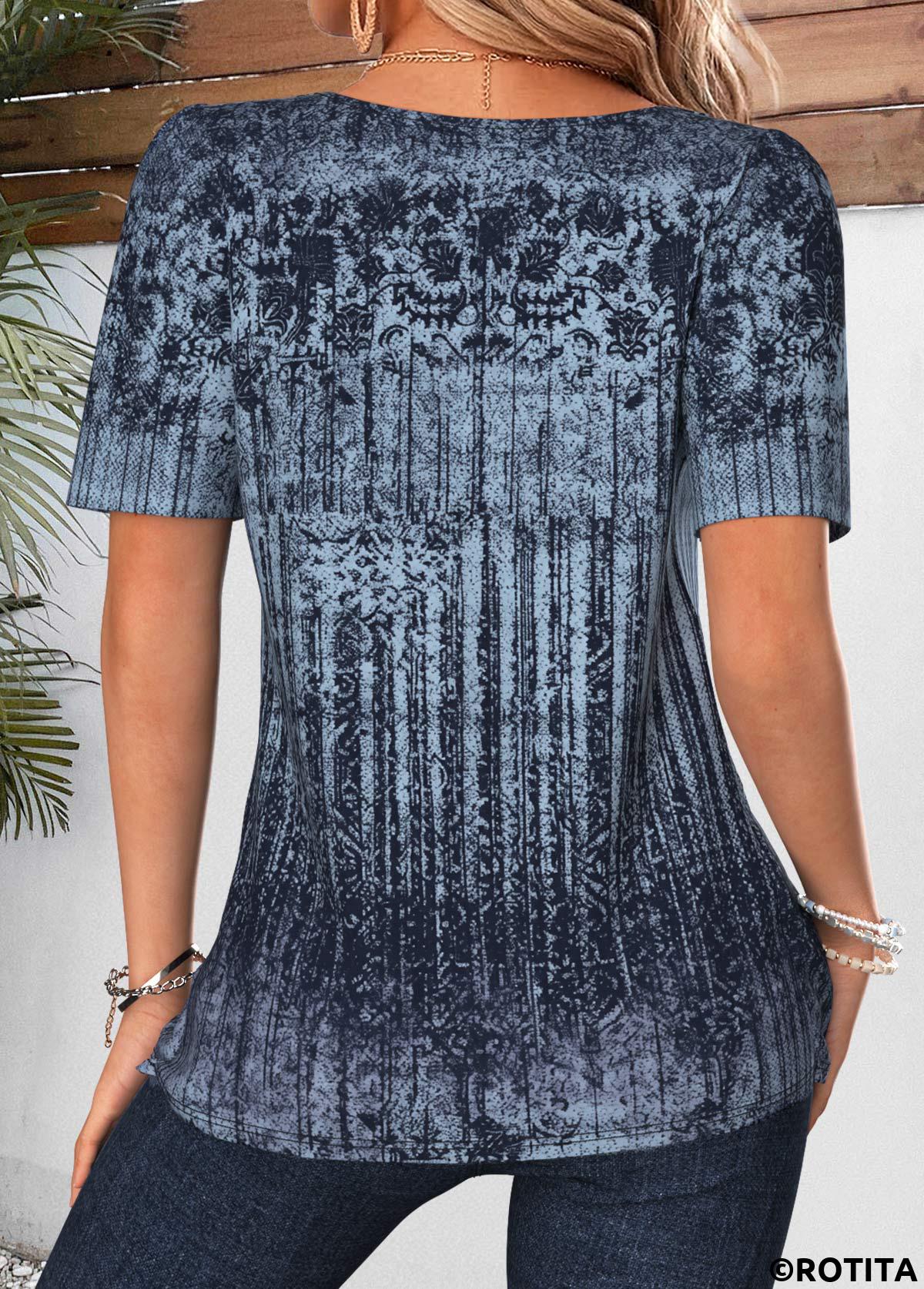 Green tops,Tribal tops,ROTITA Tribal Print Green Square Neck Short Sleeve T Shirt
