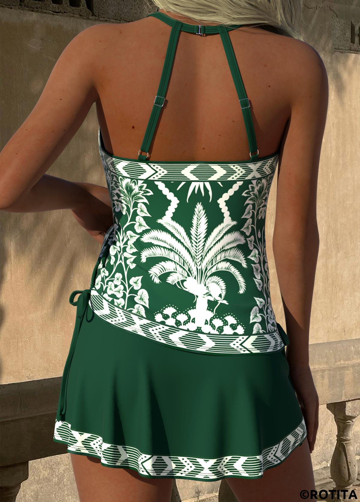 Green swimwear,Plants swimwear,ROTITA Green Tummy Coverage Tropical Plants Print Tankini Set