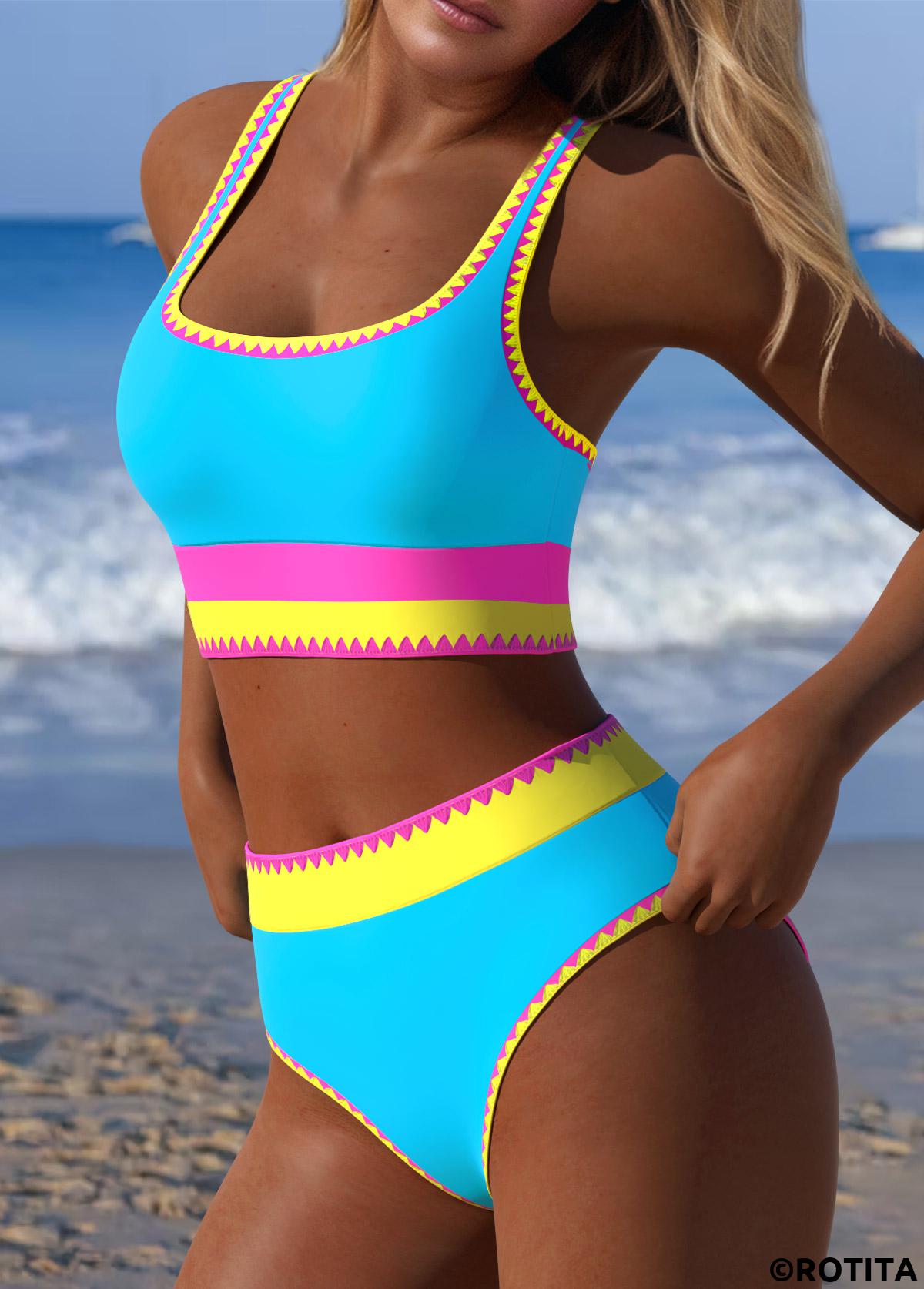 Multi Color swimwear,Contrast Color swimwear,ROTITA Multi Color Mid Waisted Bikini Set