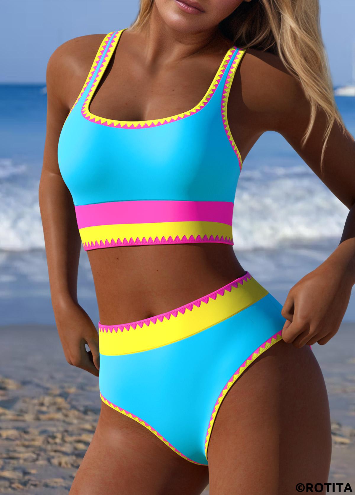 Multi Color swimwear,Contrast Color swimwear,ROTITA Multi Color Mid Waisted Bikini Set