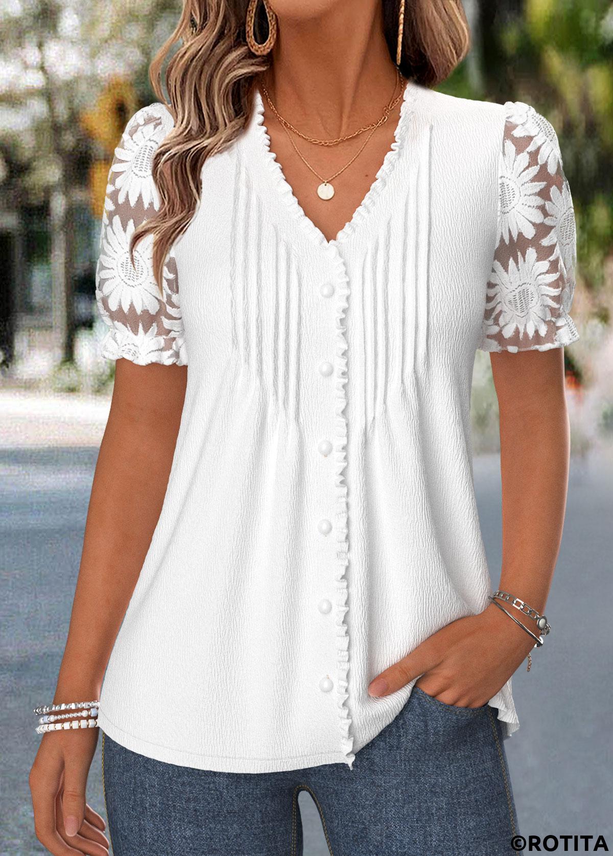 White tops,Plain Color tops,ROTITA Frill White V Neck Short Sleeve T Shirt