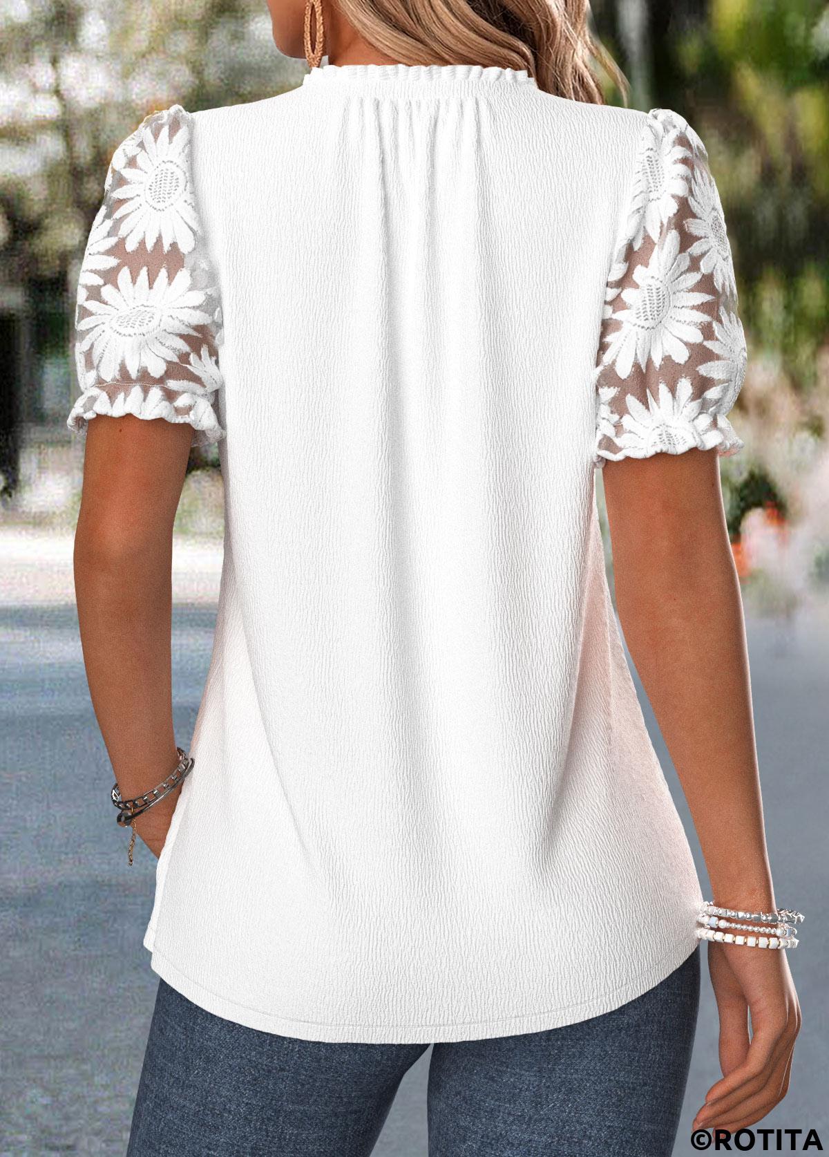 White tops,Plain Color tops,ROTITA Frill White V Neck Short Sleeve T Shirt