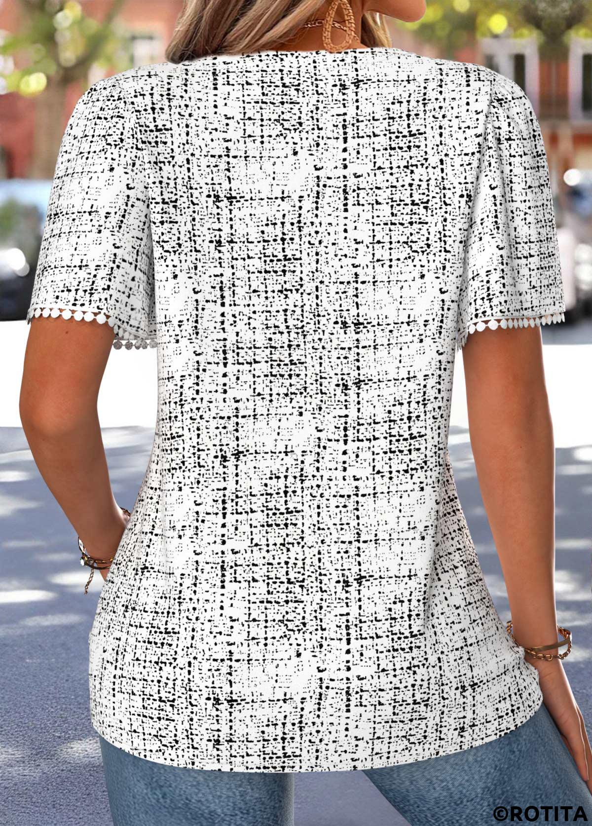 White tops,Dot tops,ROTITA Curved Hem Polka Dot White V Neck T Shirt