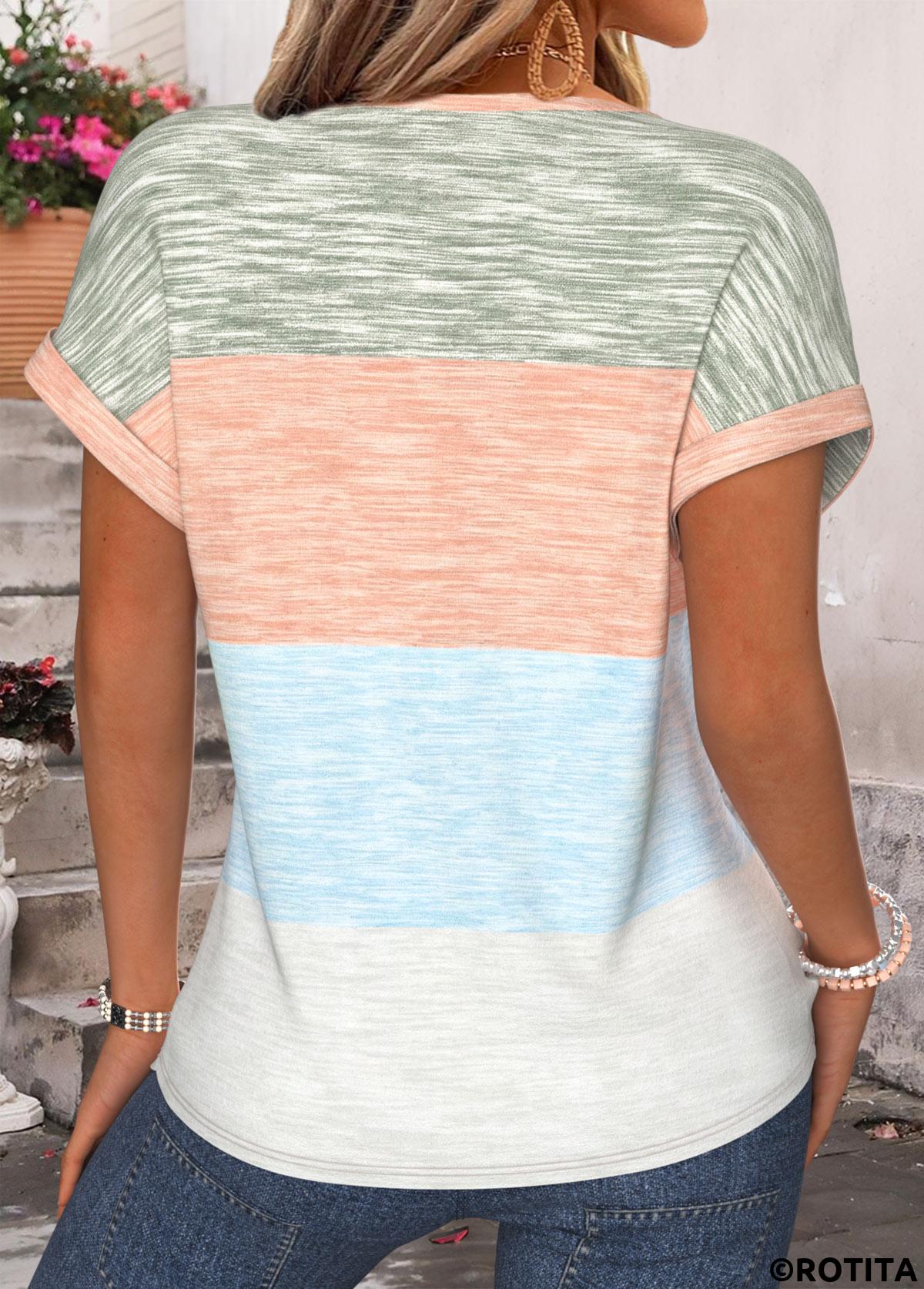 Multi Color tops,Striped tops,Geometric tops,ROTITA Tummy Coverage Striped Multi Color Split Neck T Shirt