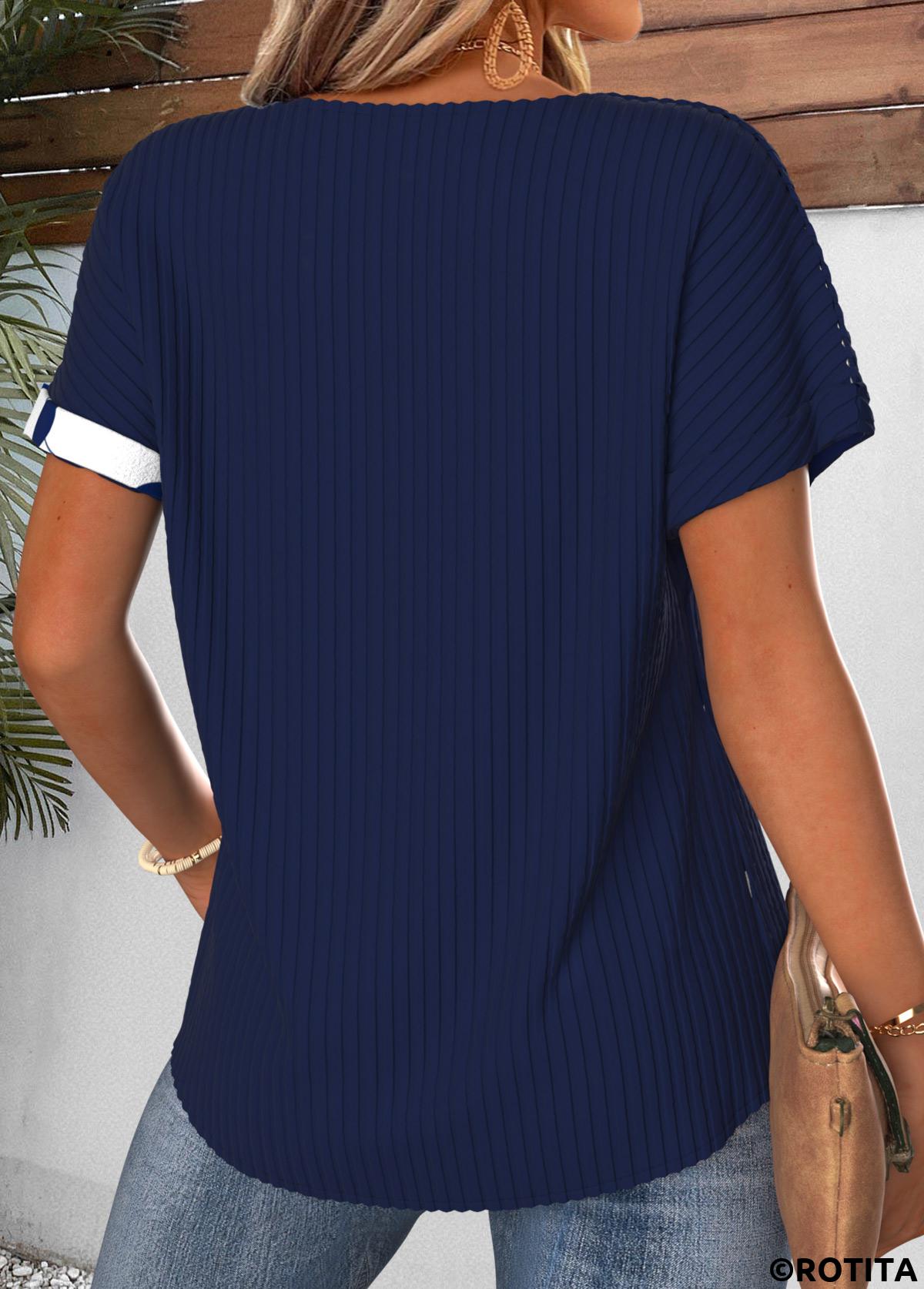 Navy tops,Dot tops,ROTITA Patchwork Polka Dot Navy Round Neck T Shirt