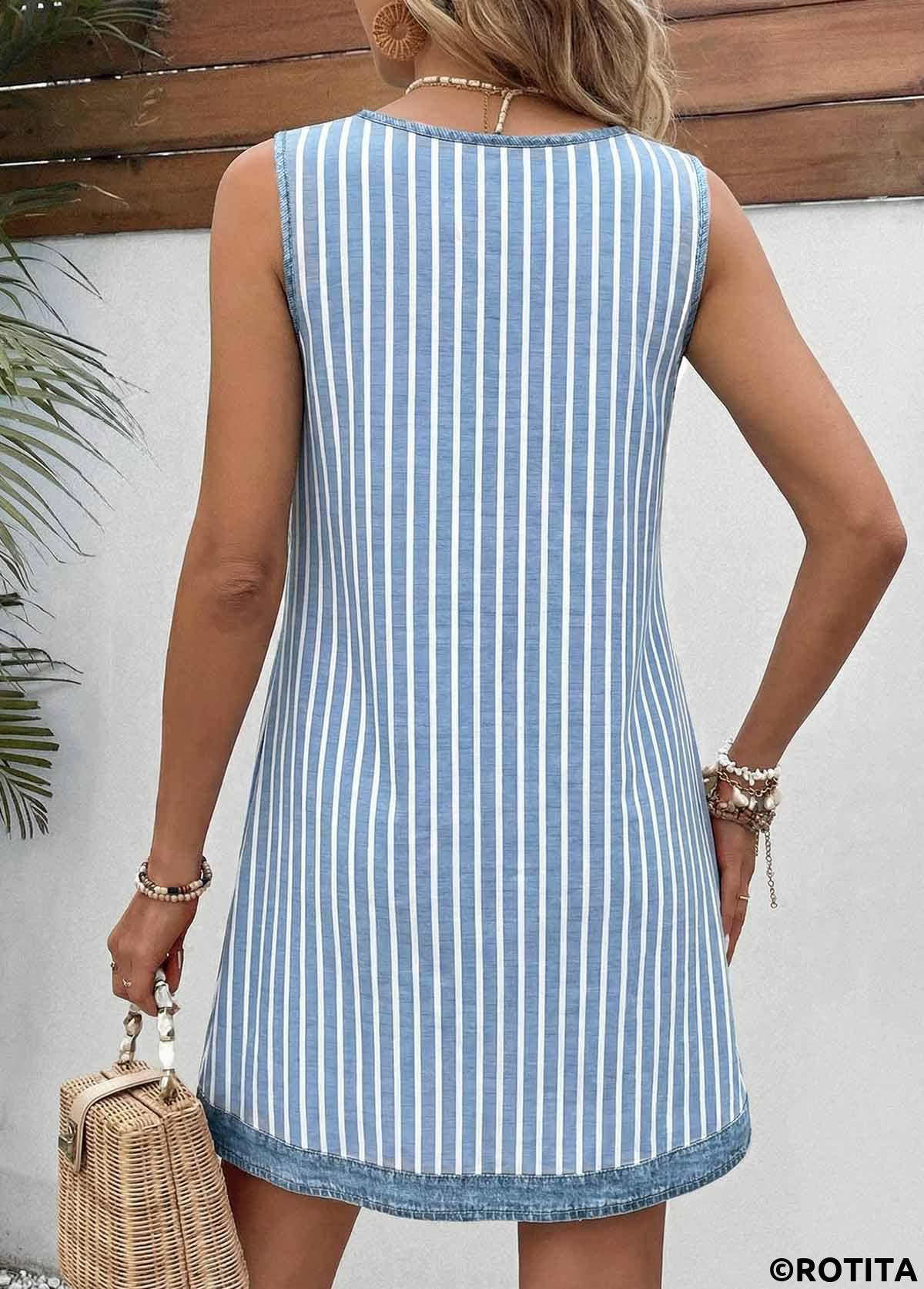 Light Blue dresses,Striped dresses,Geometric dresses,Everyday dresses,Casual dresses,ROTITA Light Blue Striped Patchwork Short Split Neck Sleeveless Dress