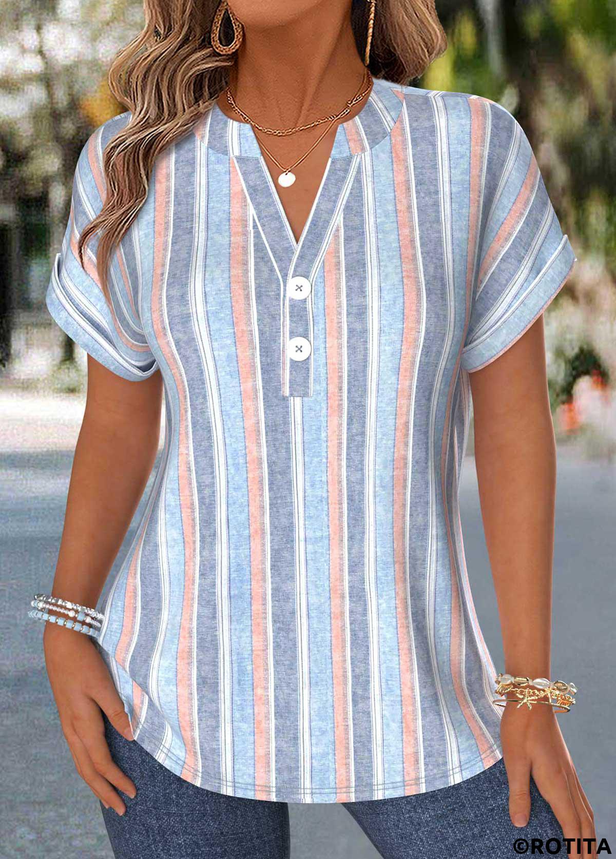 Multi Color tops,Striped tops,Geometric tops,ROTITA Tummy Coverage Multi Stripe Print Split Neck Blouse