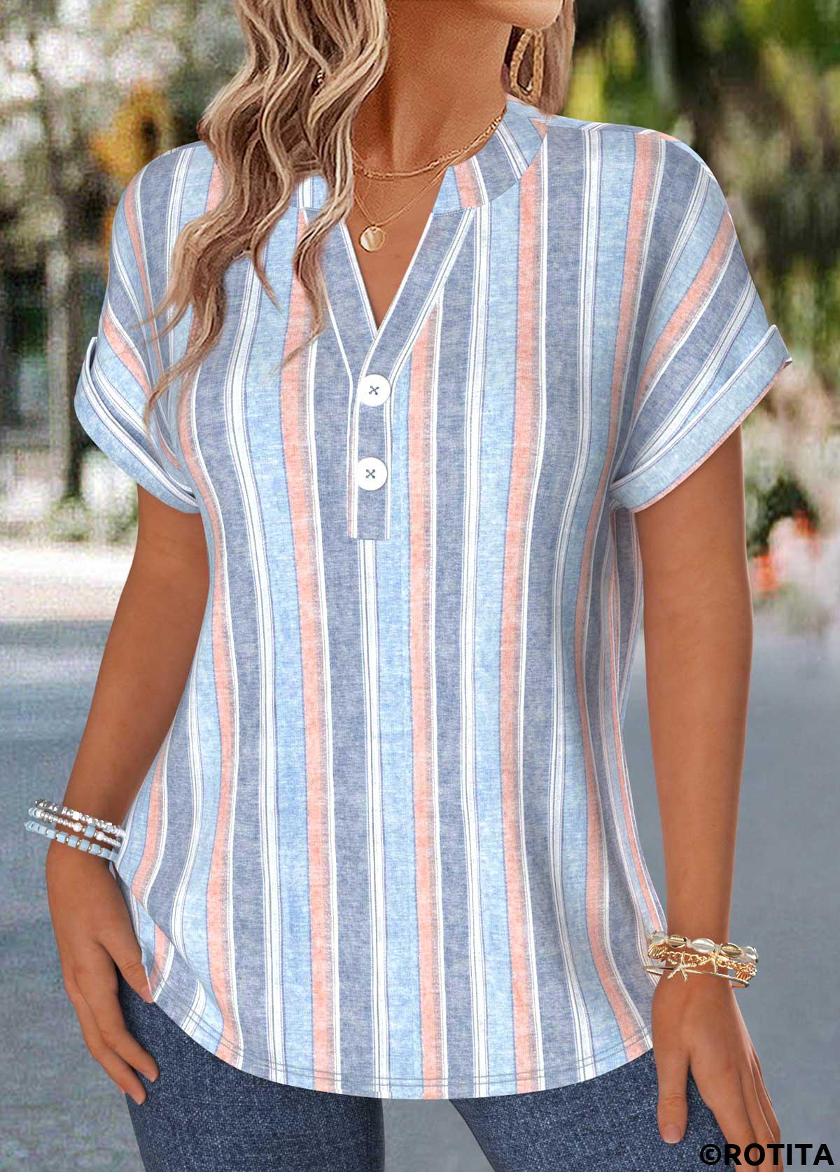 Multi Color tops,Striped tops,Geometric tops,ROTITA Tummy Coverage Multi Stripe Print Split Neck Blouse