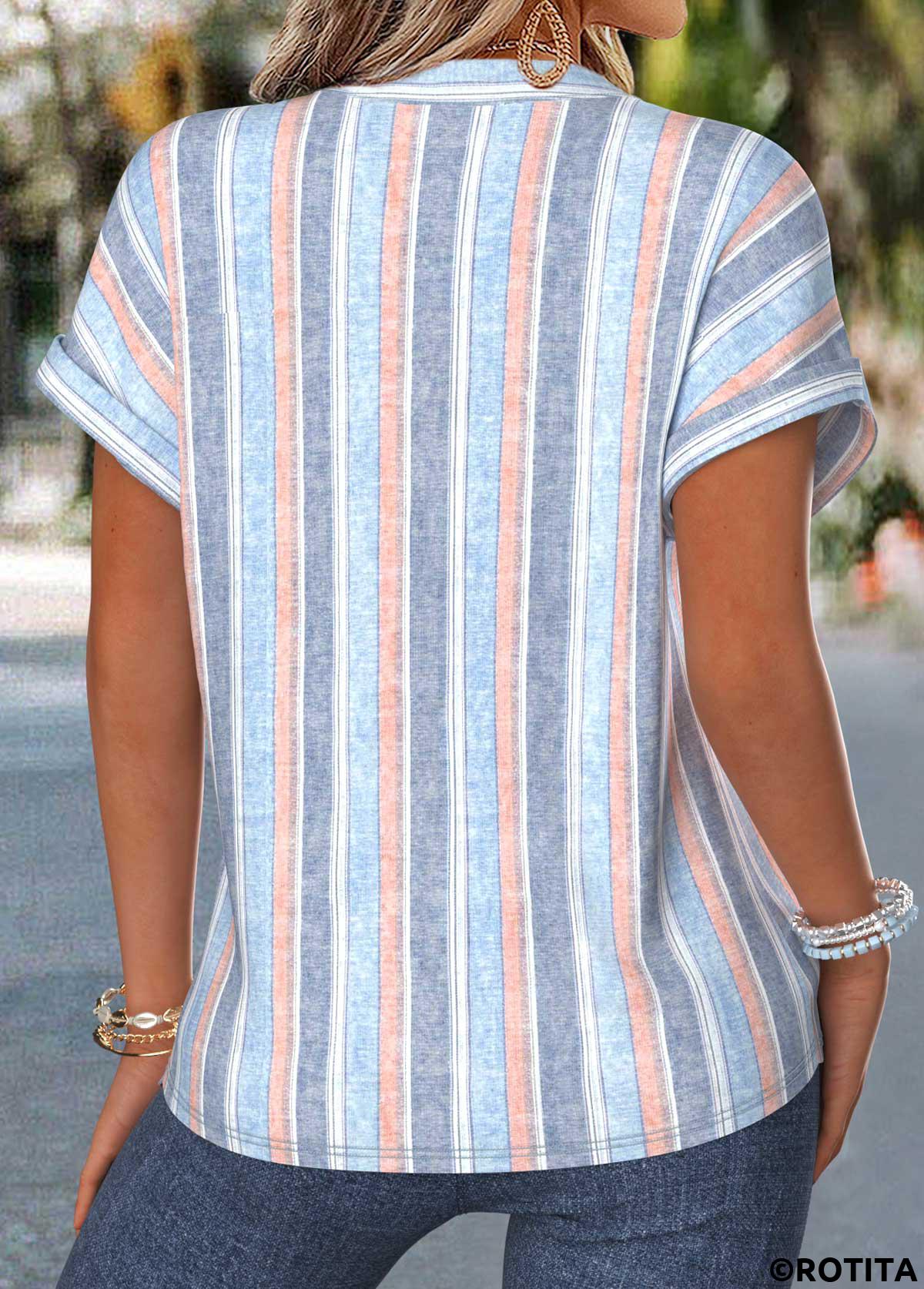 Multi Color tops,Striped tops,Geometric tops,ROTITA Tummy Coverage Multi Stripe Print Split Neck Blouse