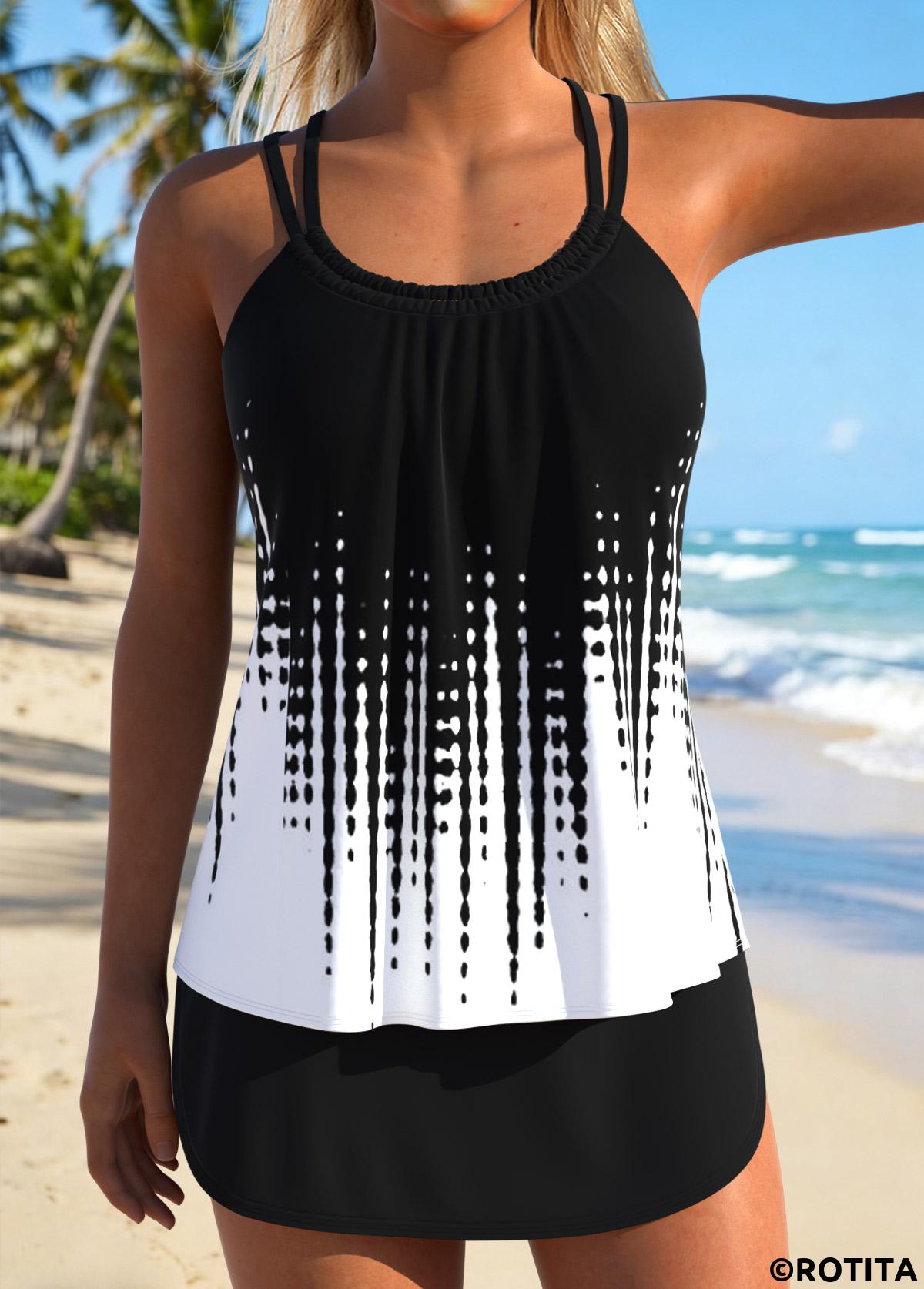 Black swimwear,Contrast Color swimwear,ROTITA Black Lace Up Mid Waisted Tankini Set