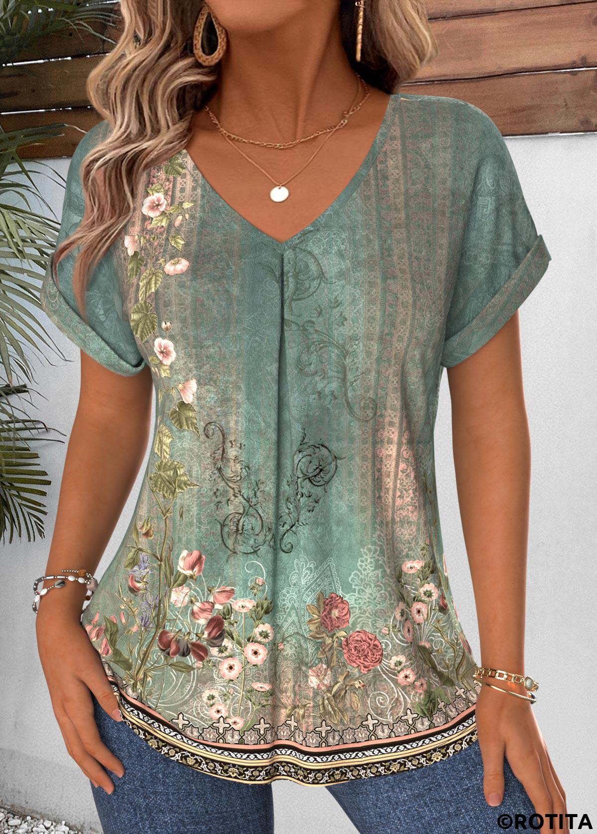 Sage Green tops,Tribal tops,ROTITA Curved Hem Tribal Print Sage Green T Shirt