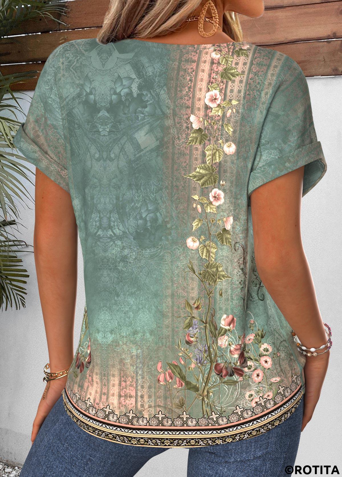 Sage Green tops,Tribal tops,ROTITA Curved Hem Tribal Print Sage Green T Shirt