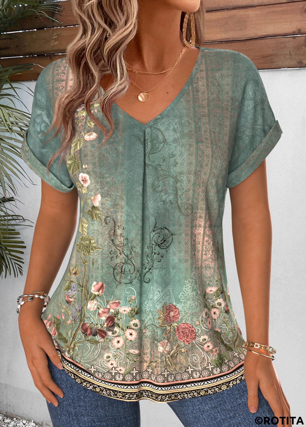 Sage Green tops,Tribal tops,ROTITA Curved Hem Tribal Print Sage Green T Shirt