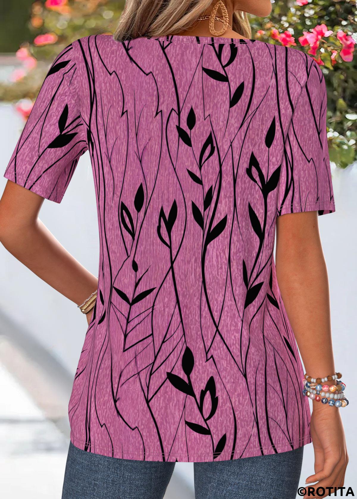 Dark Reddish Purple tops,Plants tops,ROTITA Curved Hem Leaf Print Red Split Neck T Shirt