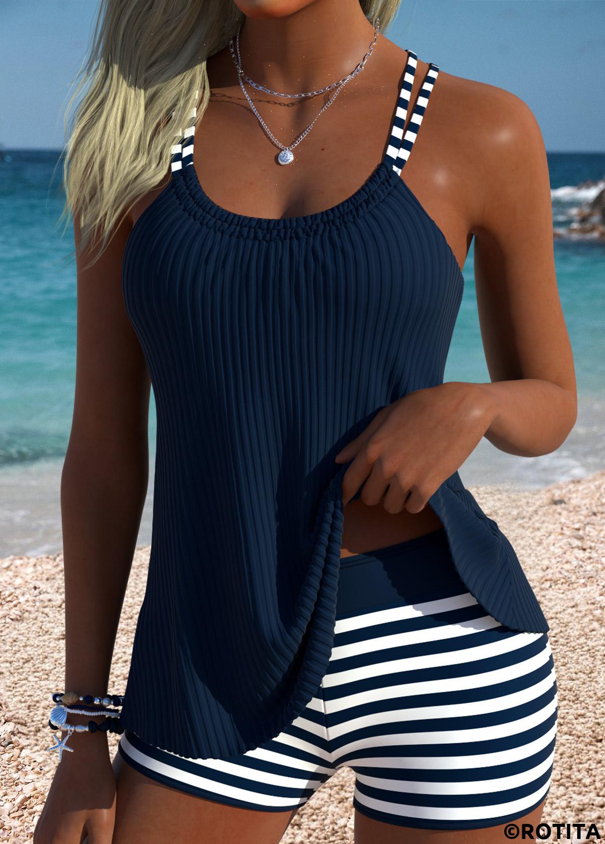 Navy swimwear,Striped swimwear,Geometric swimwear,ROTITA Navy Tummy Coverage Striped Mid Waisted Tankini Set