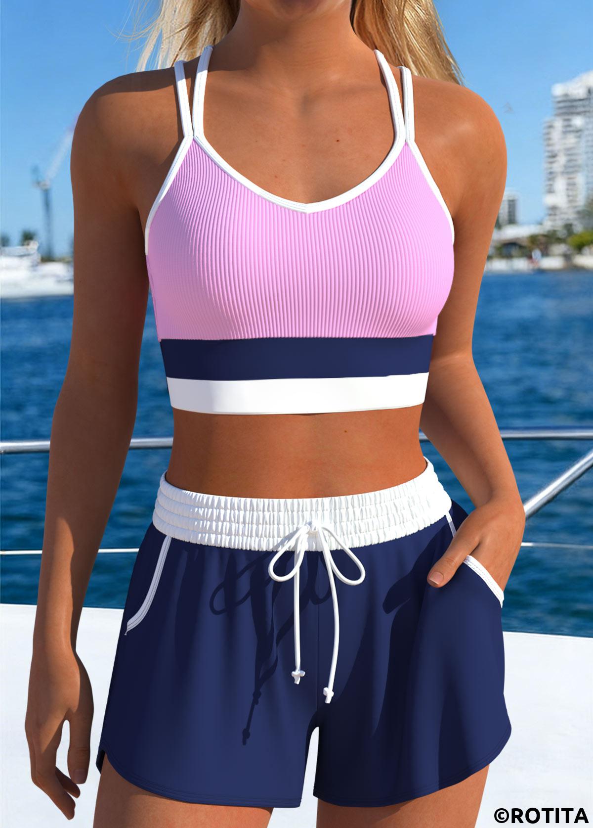 Navy swimwear,Contrast Color swimwear,ROTITA Navy Layered Mid Waisted Bikini Set
