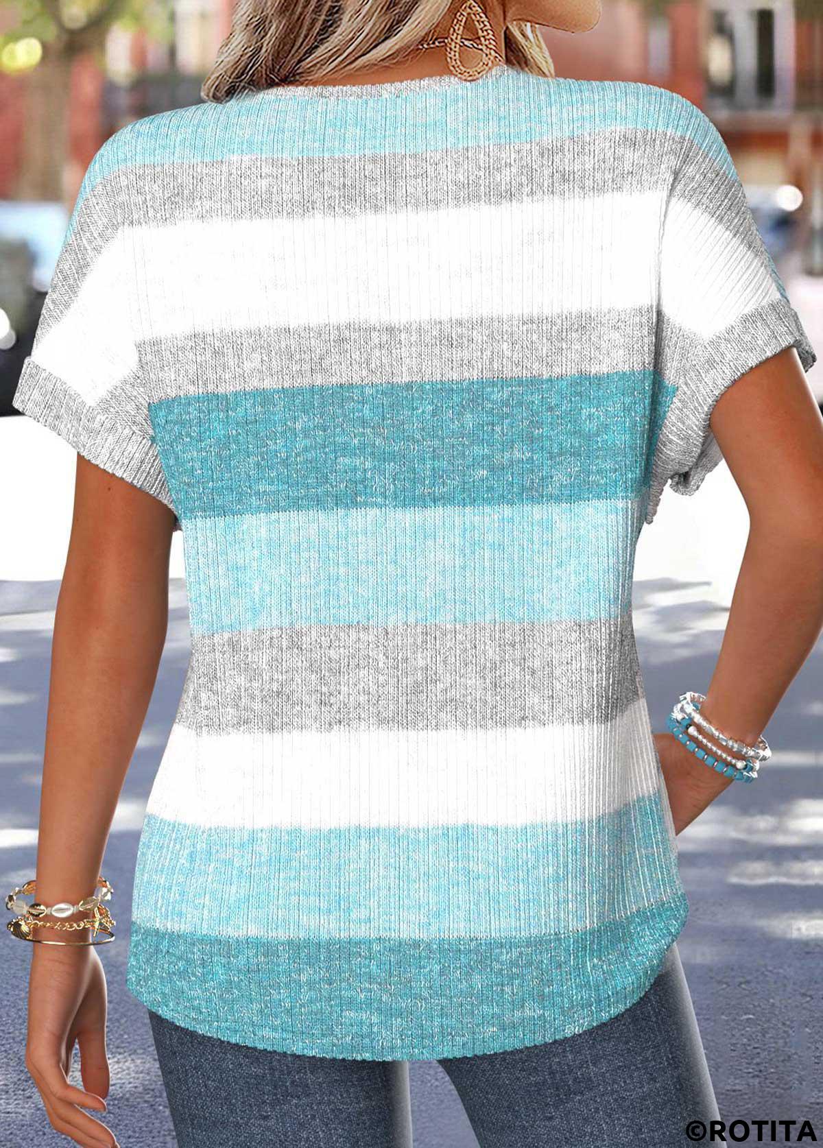 Mint Green tops,Striped tops,Geometric tops,ROTITA Tummy Coverage Striped Mint Green Split Neck T Shirt