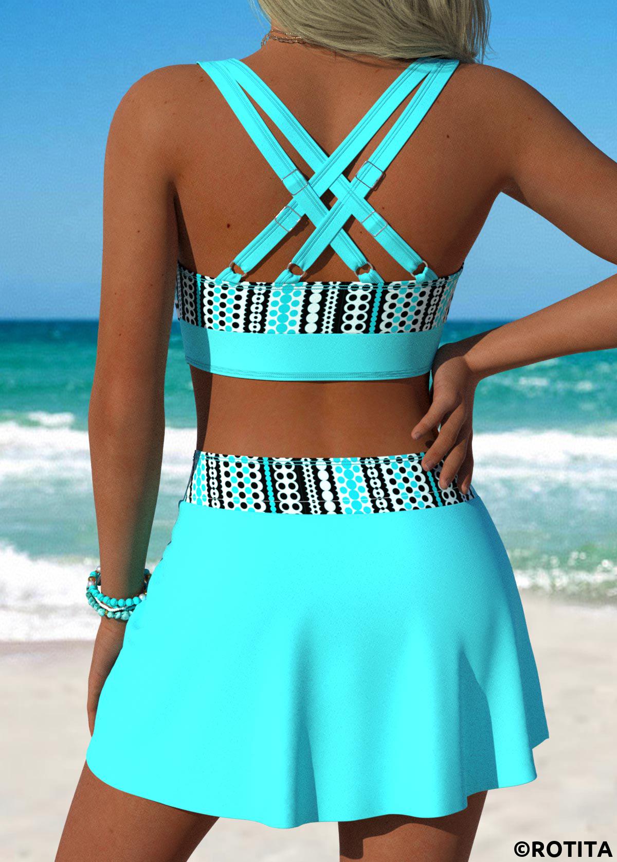 Cyan swimwear,Geometric swimwear,ROTITA Cyan Front Slit Hem Geometric Print Bikini Set