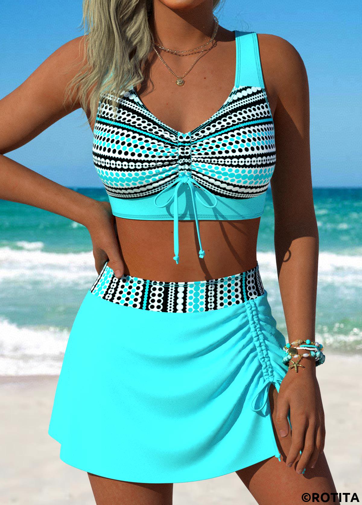 Cyan swimwear,Geometric swimwear,ROTITA Cyan Front Slit Hem Geometric Print Bikini Set