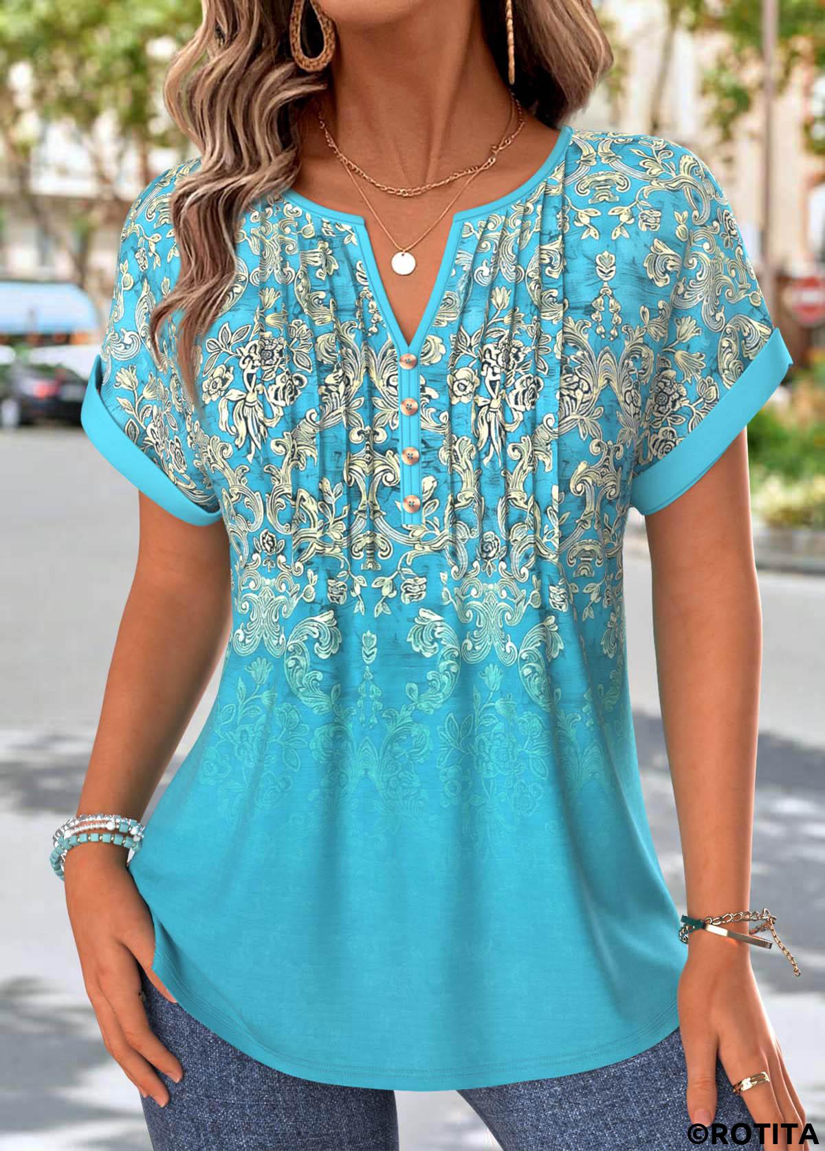 Mint Green tops,Tribal tops,ROTITA Tuck Stitch Tribal Print Mint Green T Shirt