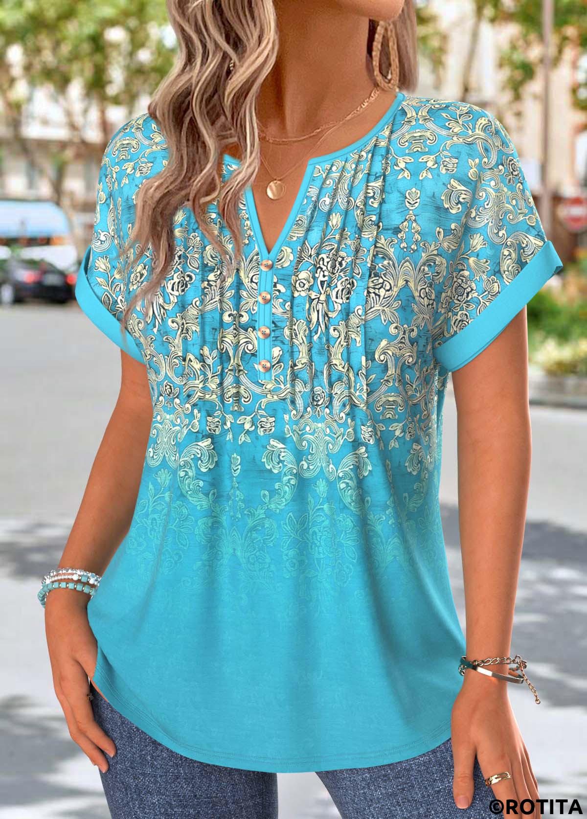 Mint Green tops,Tribal tops,ROTITA Tuck Stitch Tribal Print Mint Green T Shirt