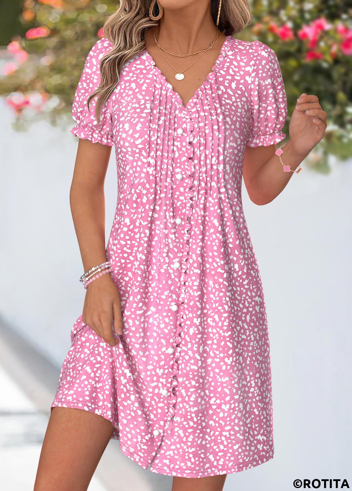 Pink dresses,Geometric dresses,Vacation dresses,Vacation dresses,ROTITA Pink Geometric Print Tuck Stitch Short V Neck Dress