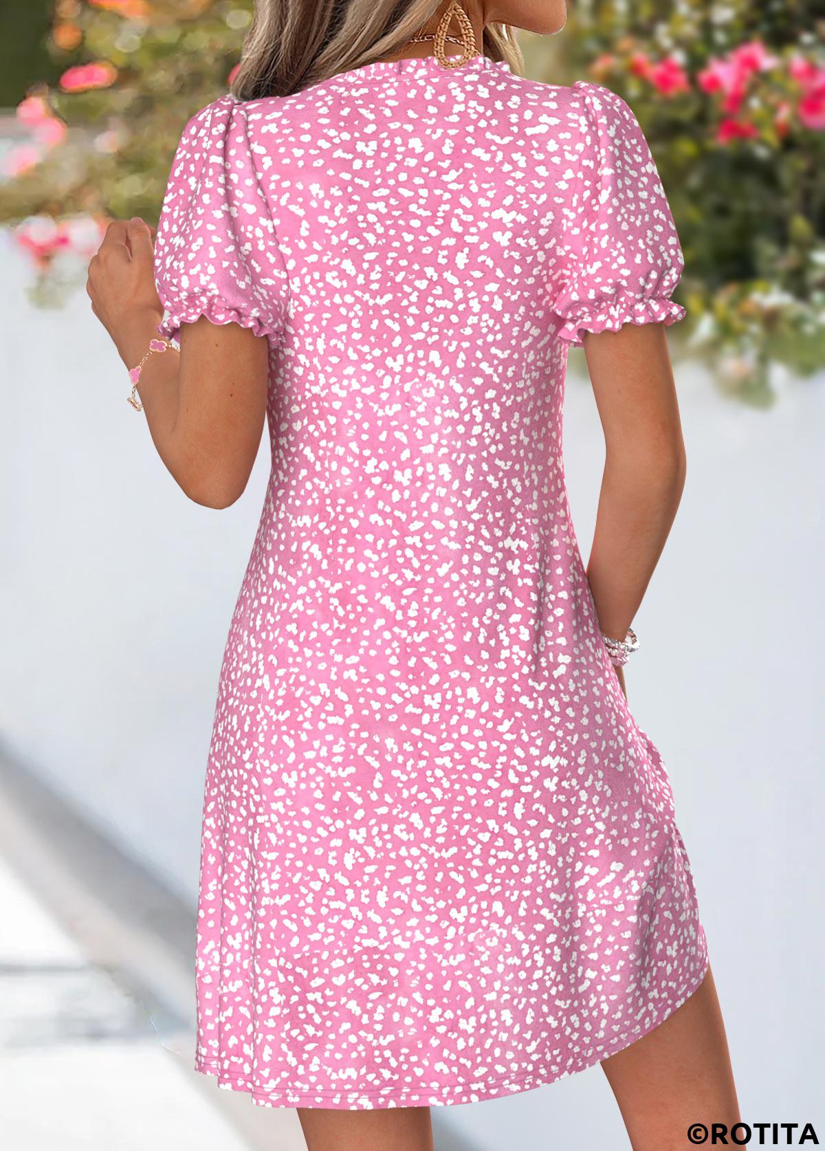 Pink dresses,Geometric dresses,Vacation dresses,Vacation dresses,ROTITA Pink Geometric Print Tuck Stitch Short V Neck Dress