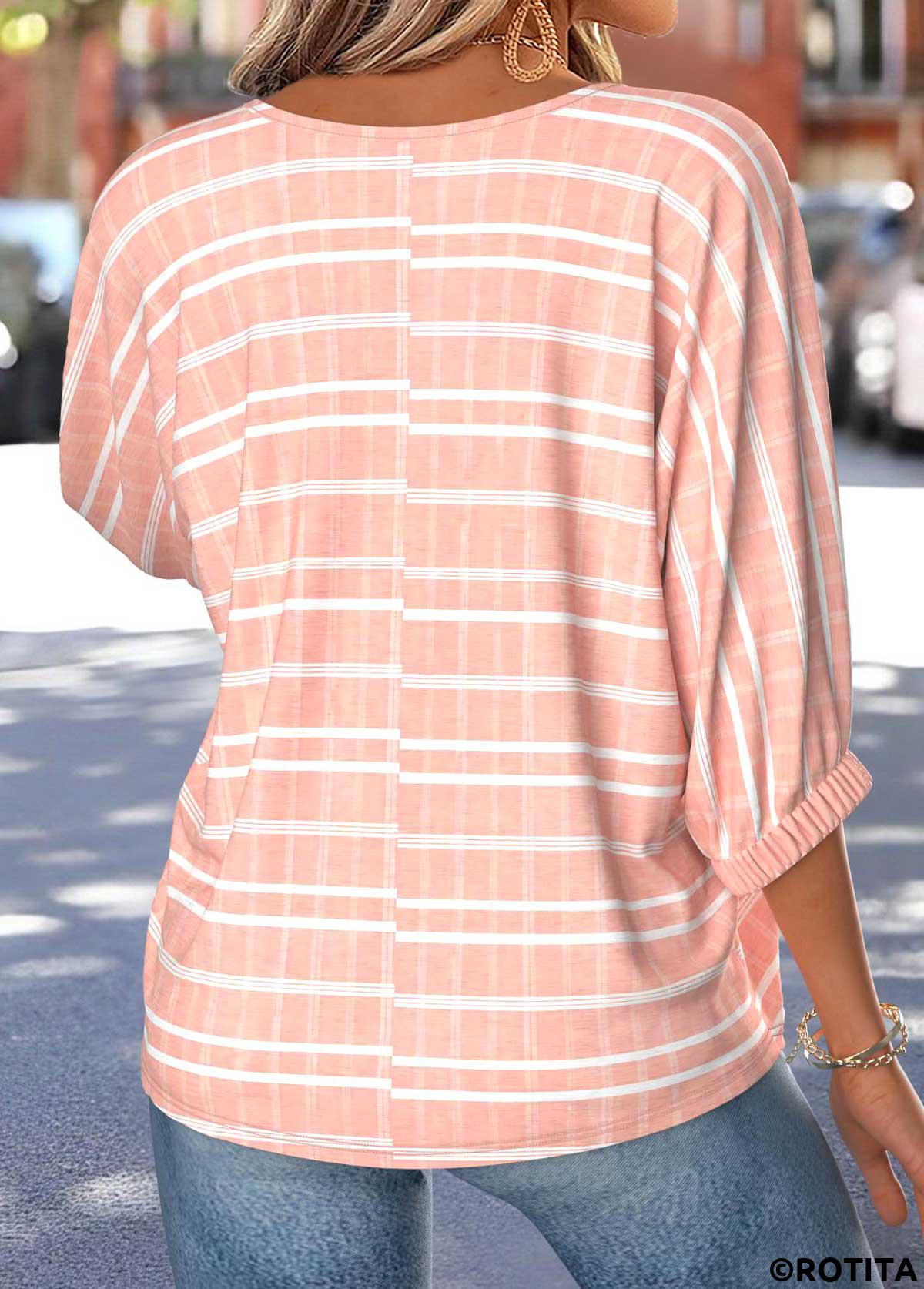 Pink tops,Striped tops,Geometric tops,ROTITA Tummy Coverage Striped Pink Round Neck 3/4 Sleeve Blouse