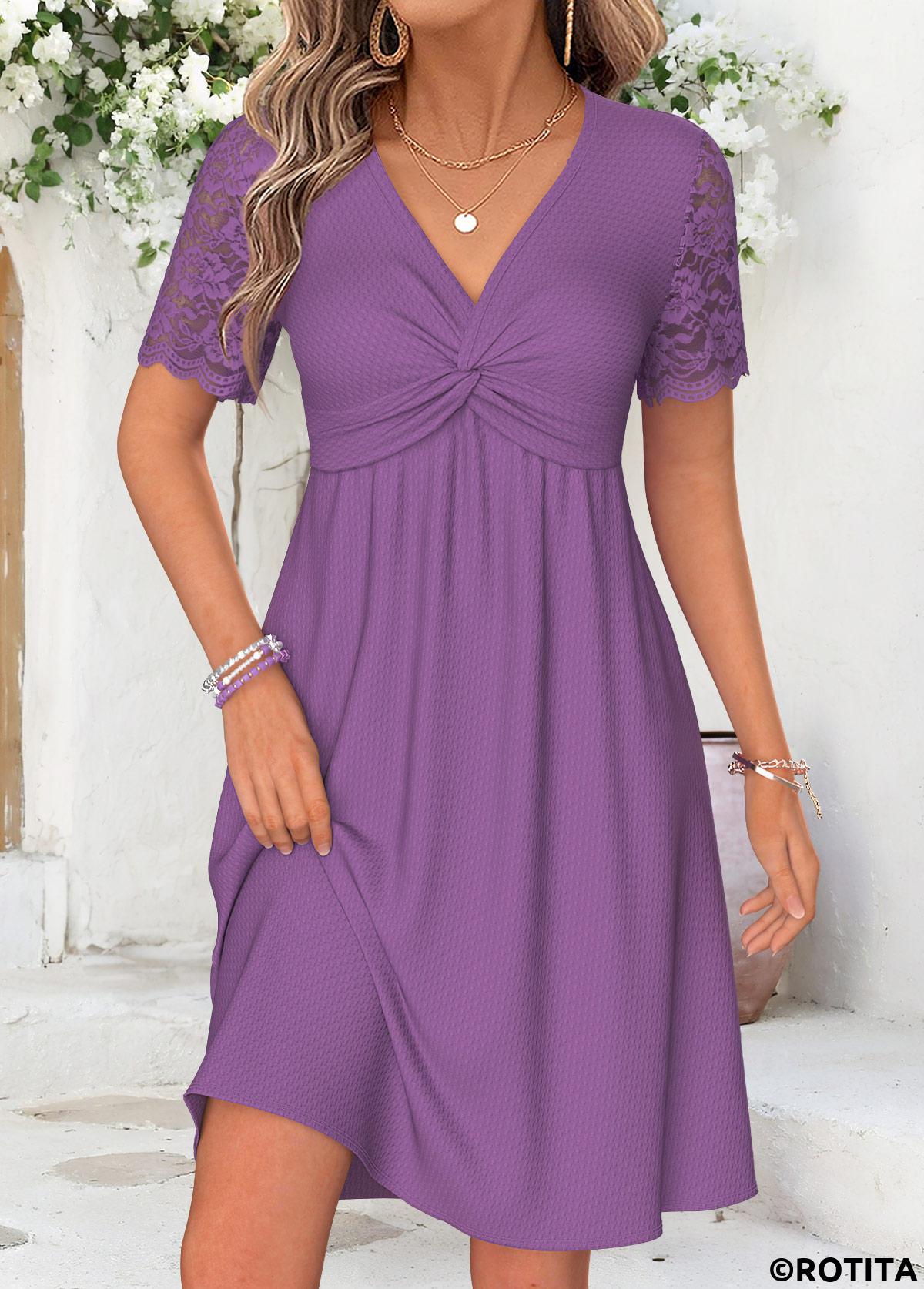 Purple dresses,Plain Color dresses,Everyday dresses,Casual dresses,ROTITA Purple Twist Short V Neck Dress