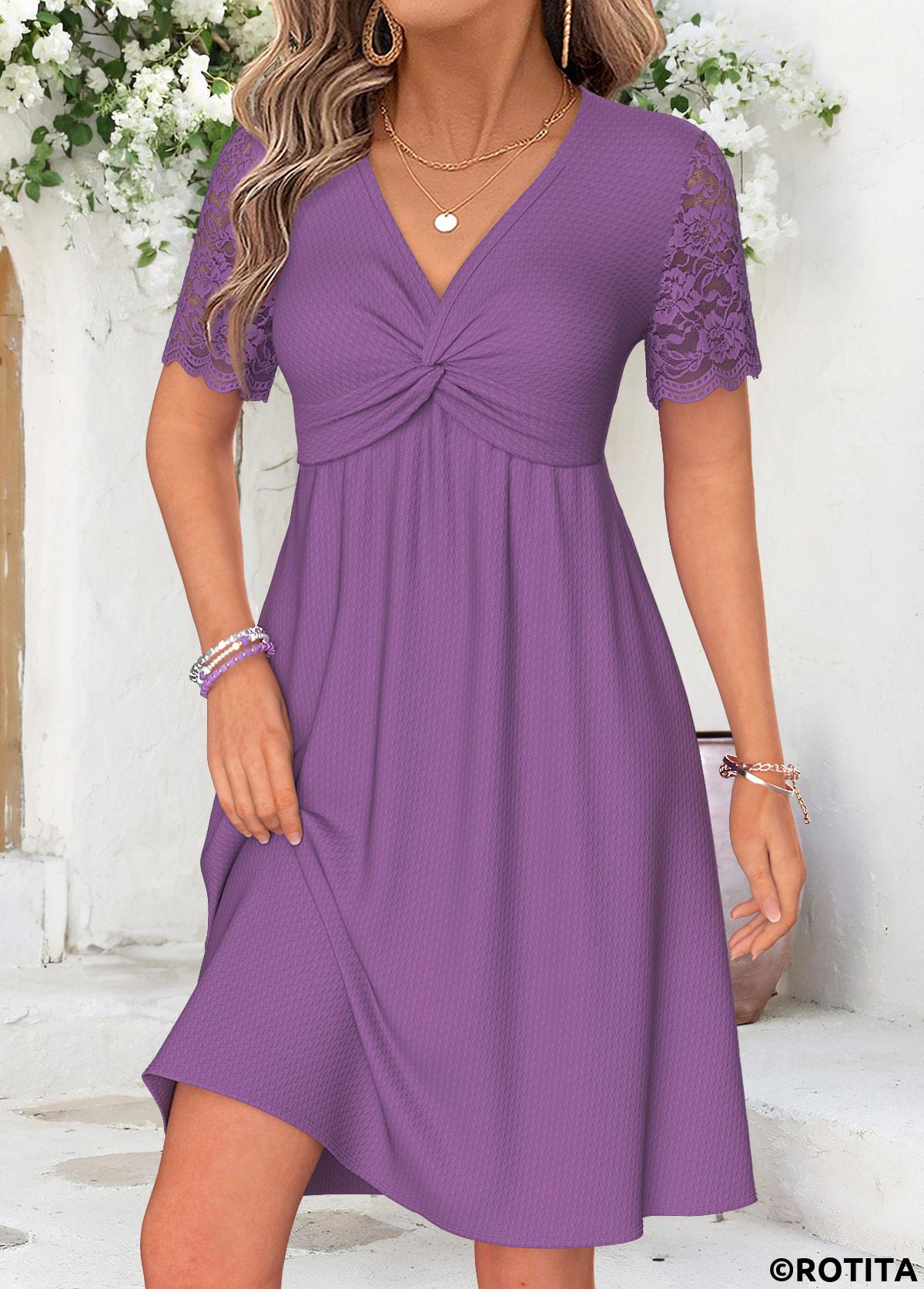 Purple dresses,Plain Color dresses,Everyday dresses,Casual dresses,ROTITA Purple Twist Short V Neck Dress