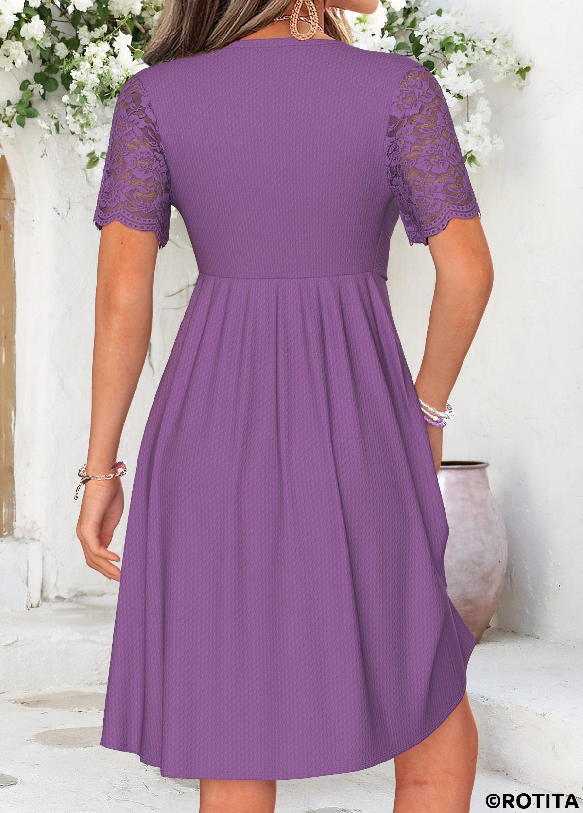 Purple dresses,Plain Color dresses,Everyday dresses,Casual dresses,ROTITA Purple Twist Short V Neck Dress