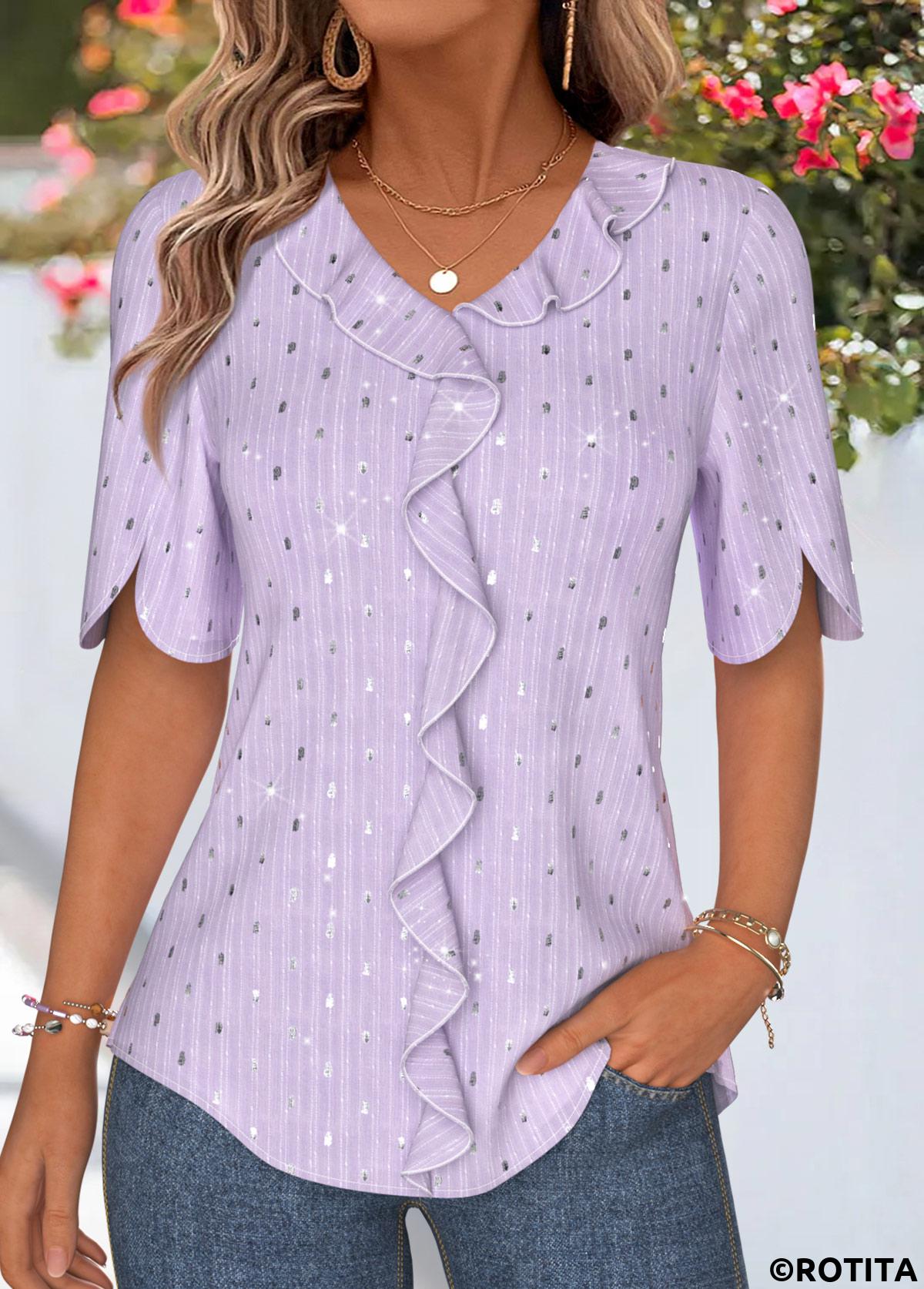 Light Purple tops,Plain Color tops,ROTITA Ruffle Light Purple V Neck Half Sleeve Blouse
