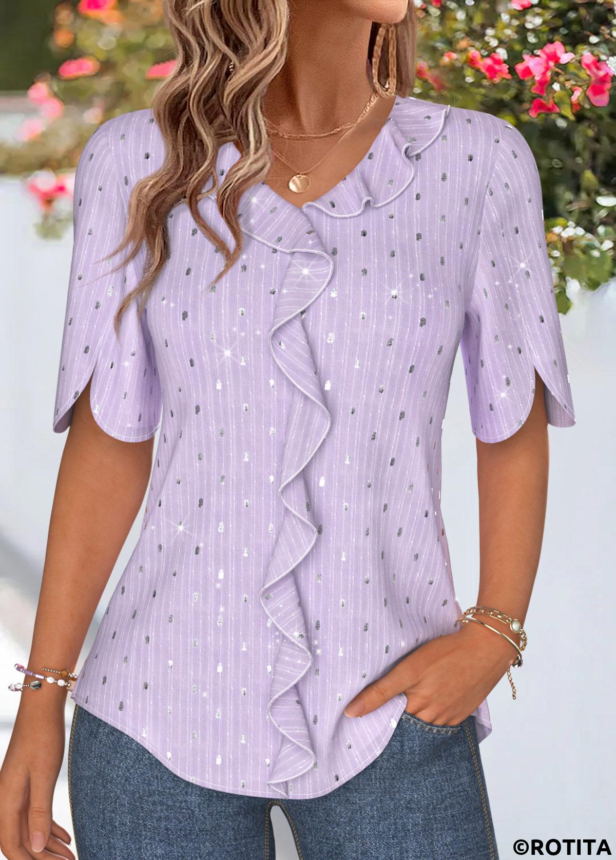 Light Purple tops,Plain Color tops,ROTITA Ruffle Light Purple V Neck Half Sleeve Blouse