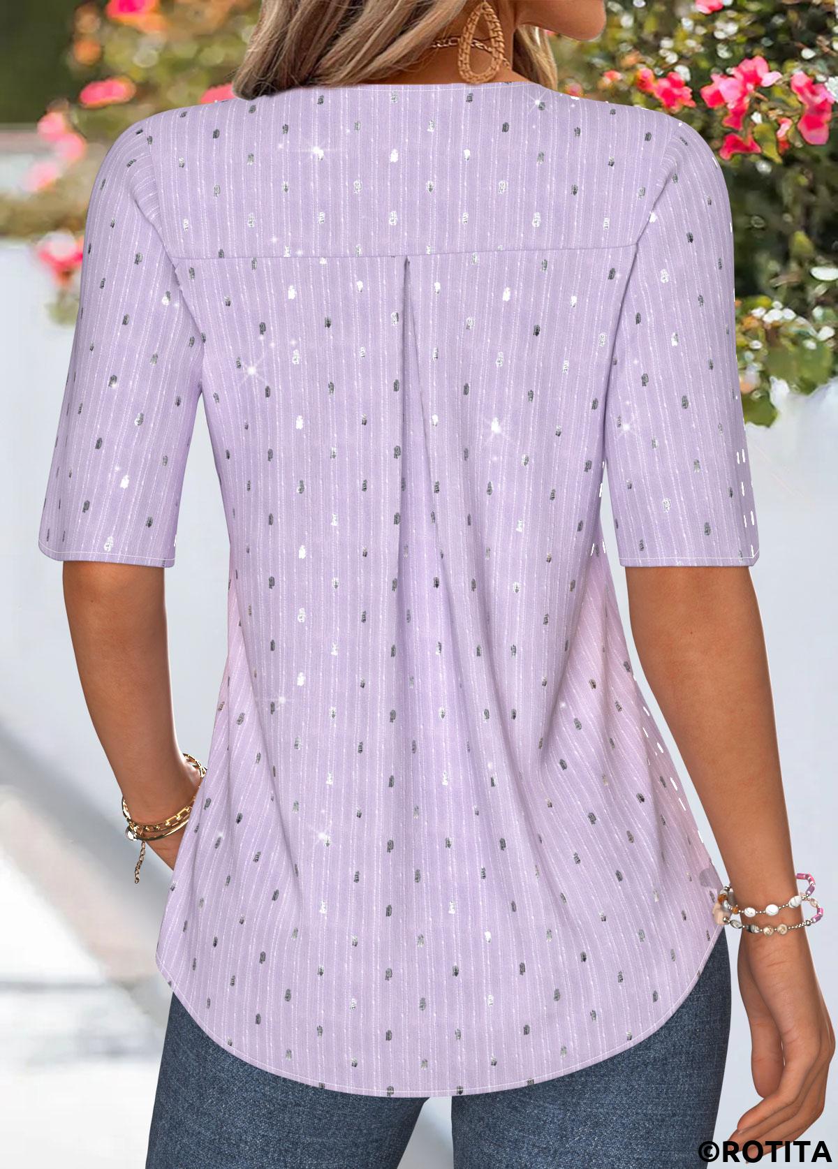Light Purple tops,Plain Color tops,ROTITA Ruffle Light Purple V Neck Half Sleeve Blouse