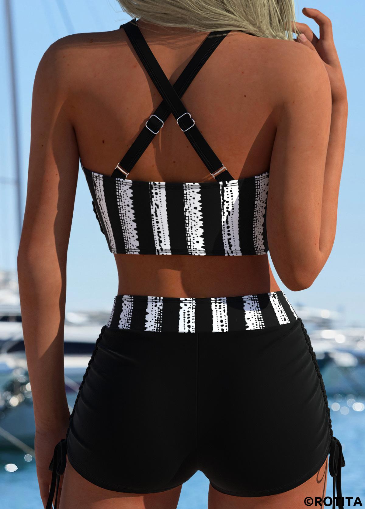 Black swimwear,Striped swimwear,Geometric swimwear,ROTITA Black Thigh Slimmer Striped Mid Waisted Bikini Set