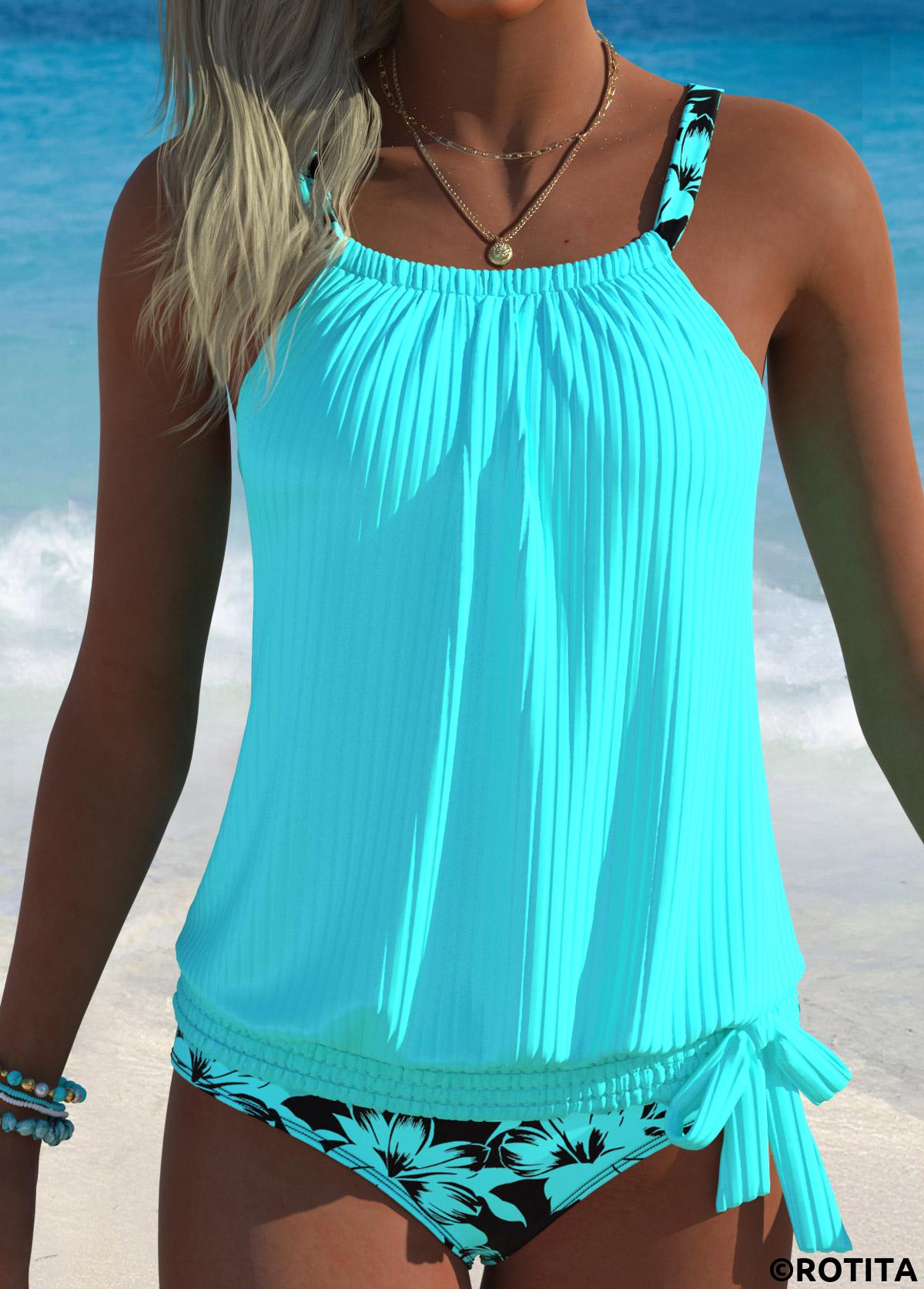 Cyan swimwear,Floral swimwear,Plants swimwear,ROTITA Cyan Bowknot Floral Print Mid Waisted Tankini Set